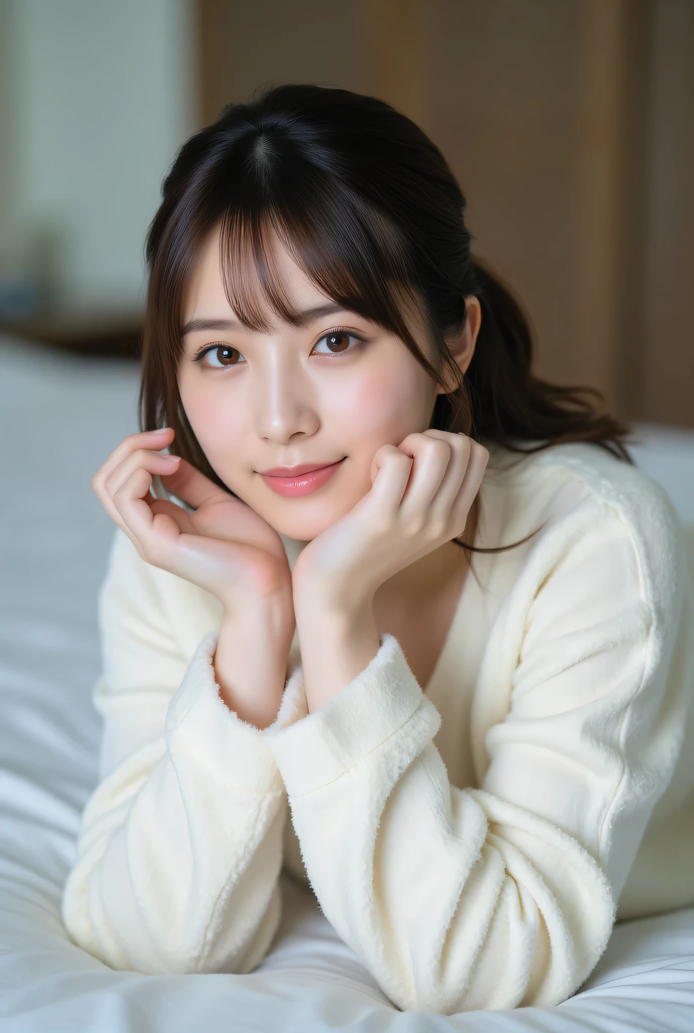 ultra detailed,8k,high resolution,beautiful detailed,high contrast,sharp focus, 50mm, f3,5,
best quality,super hyper realism,realistic,photorealism,(realistic skin:1.2), (full body:1,3),
japanese solo girl, no makeup, (from below:1,2), looking at viewer, straight-on cinematic portrait, shallow depth of field, ultra realistic, smile,
lying on side, lying on bed, fluffy fleece pajamas,