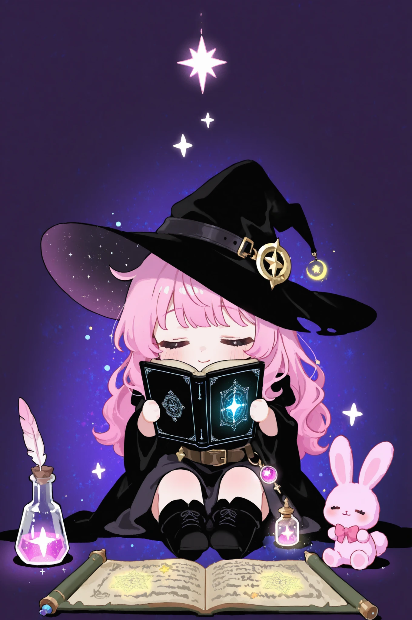 A cute chibi-style witch with long, pastel pink hair and closed eyes, sitting cross-legged on a dark purple background. She is wearing a large, floppy black witch hat adorned with a pink star and buckle, with magical sparkles and stars swirling around her. She holds an open black book with glowing pages, and there are small, adorable objects around her, including a tiny pink bunny plush, a potion bottle, a rolled scroll, and a quill. The scene is whimsical and magical, with soft pastel accents and a dreamy atmosphere.