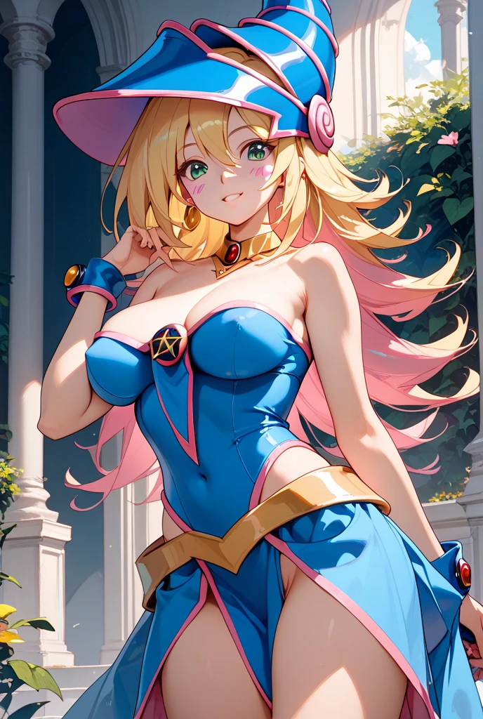 dark magician girl, masterpiece, best quality, 1girl, blonde hair, blue footwear, blue headwear, breasts, duel monster, hat, hexagram, large breasts, long hair, looking at viewer, nail polish, open mouth, pentacle, pentagram, pink nails, solo, staff, wand, wizard hat,

yu-gi-oh!,

<lora:dark_magician_girl_offset:1>