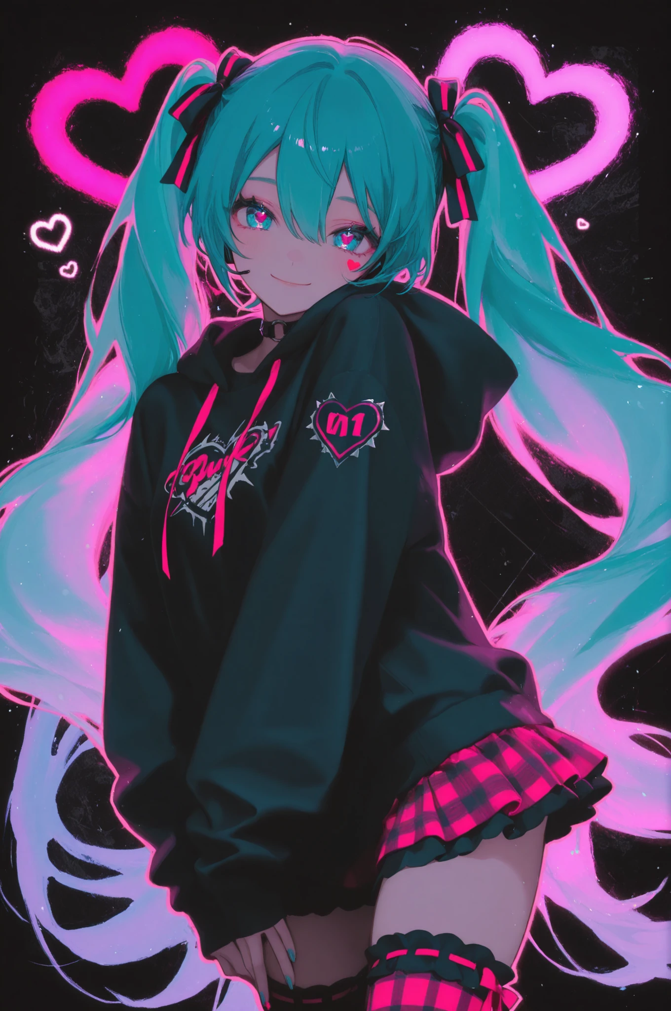 1girl, cowboy shot, smile, full body,
hatsune miku, black background, colorful hearts, vibrant, pink glowing outline, neon, abstract background, looking at viewer, ribbon-trimmed thighhighs, gingham skirt, hooded jacket, black top, dynamic pose, punk, kawaii