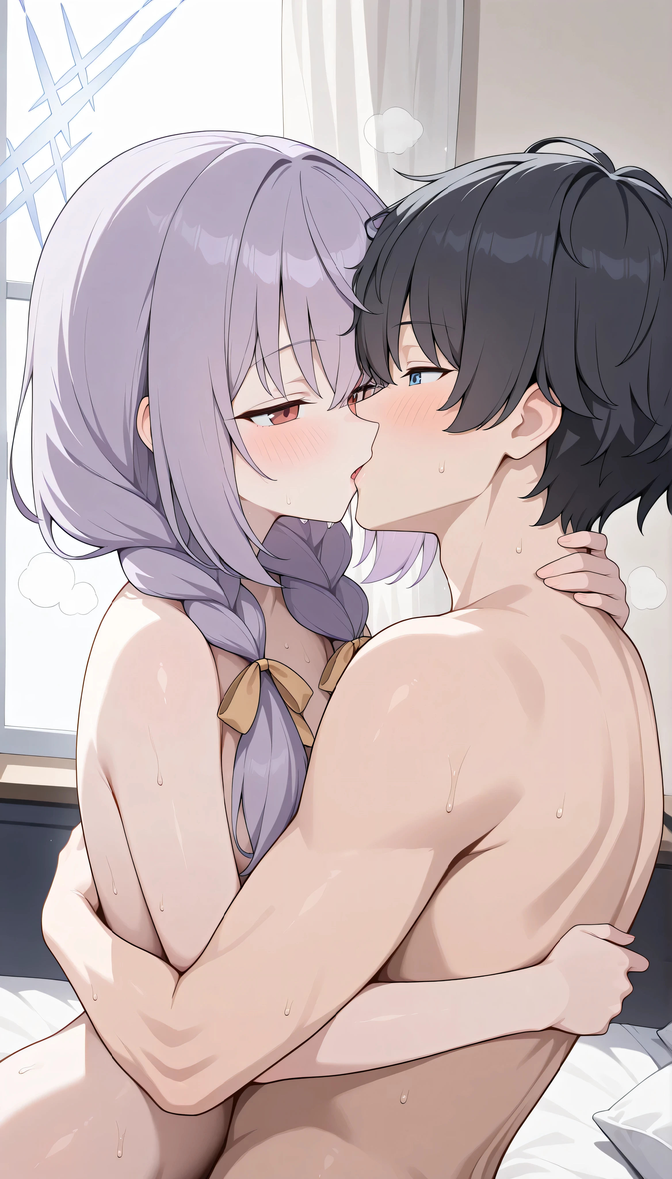 1girl and 1male(atsuko (blue archive),red eyes,purple hair, twin braids,halo, blush,((completely naked)),　next to,　Kevin, masterpiece, Best Quality, very aesthetic, 1male, cool, Adult male, Height 175cm, male college student, black hair, blue eyes,),　Kiss:1.6, indoor, bedroom, upper body,　from side, hug,　very sweaty,large amount of steam,　french kiss,　half-closed eyes, ((NFSW)),