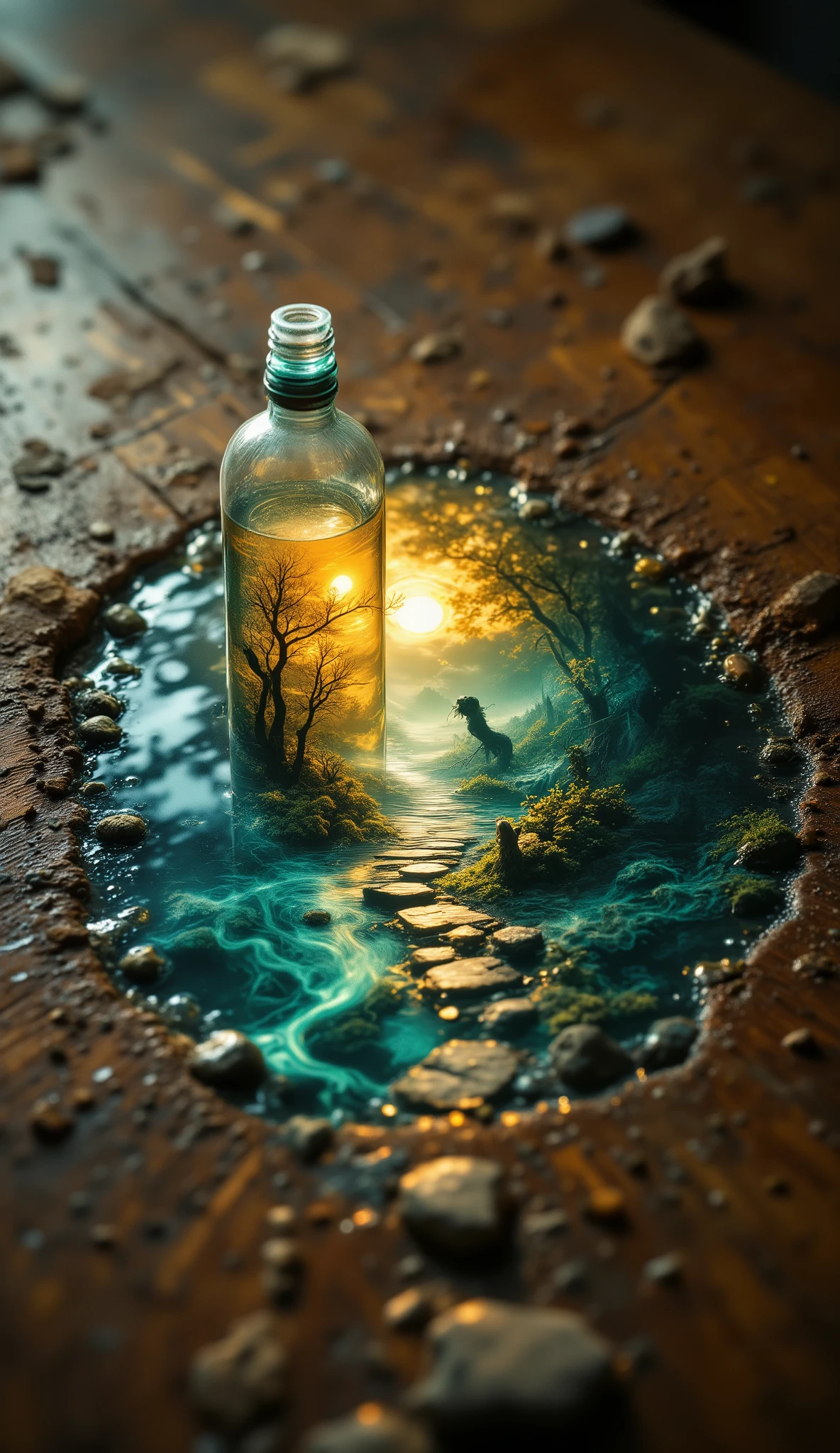 realistic, close-up view from above on a wooden background A puddle with a 3d holographic image of the landscape pours out of a lying bottle onto the table:golden dawn+golden haze,with the image "a Japanese woman in a golden kimono and an emerald dragon are sitting on a bench ", a three-dimensional fairy tale comes to life, The paved path continues along the table