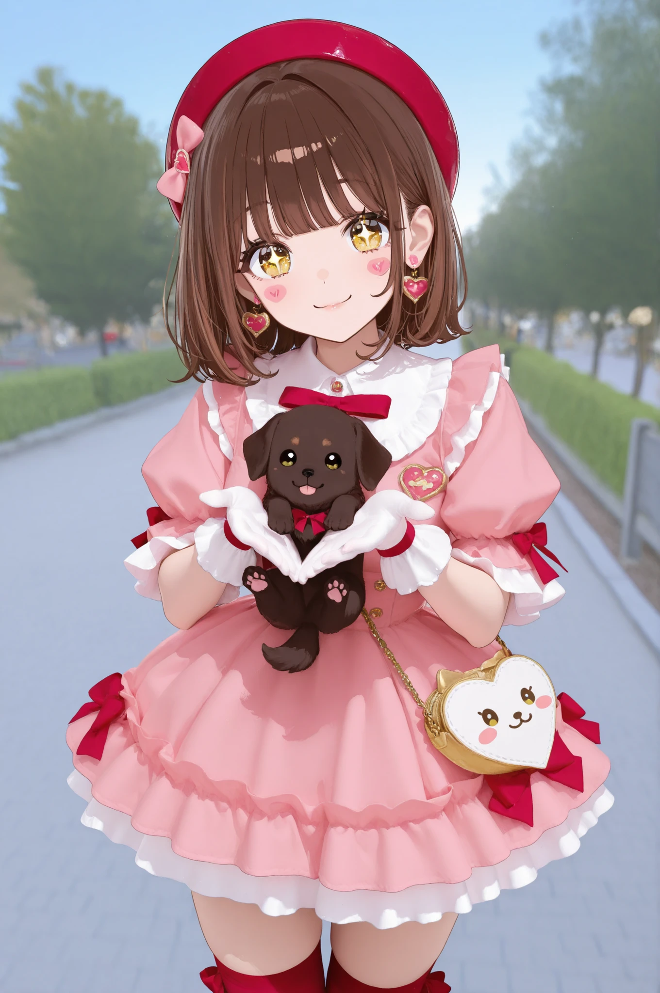 1 girl, sparkling eyes, looking at viewer, depth of field, outdoor, day, smile, bangs brown hair hair, ribbon dress, thighhighs gloves hat, bow, yellow eyes long puffy sleeves, heart earring, bandaid, stickers, cute purse, puppy, outdoors