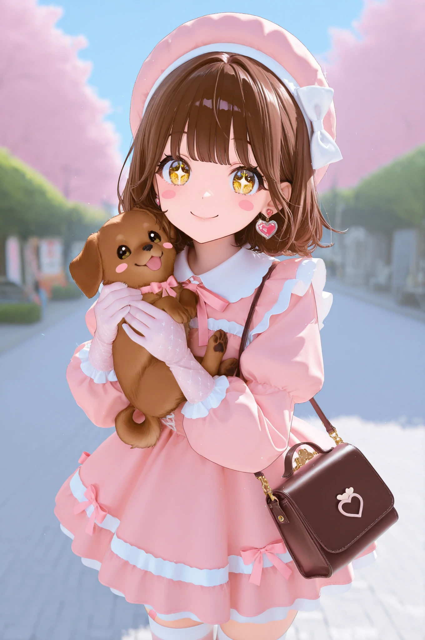 1 girl, sparkling eyes, looking at viewer, depth of field, outdoor, day, smile, bangs brown hair hair, ribbon dress, thighhighs gloves hat, bow, yellow eyes long puffy sleeves, heart earring, bandaid, stickers, cute purse, puppy, outdoors