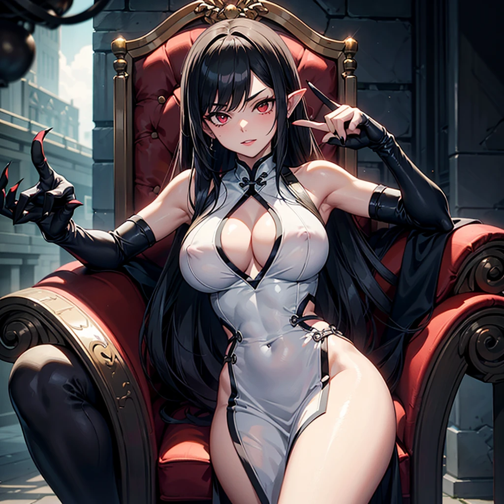 A most Beautiful himecut hairstyle black long hair with bangs,busty,chess queen,keen eyes,emma watson face,glossing lips,(((black with red checkered detail ????????))),black with red trim stocking,silver crown ,???? pose on sofa,medieval,chess theme,ultra realistic,high detail character,4k,high resolution