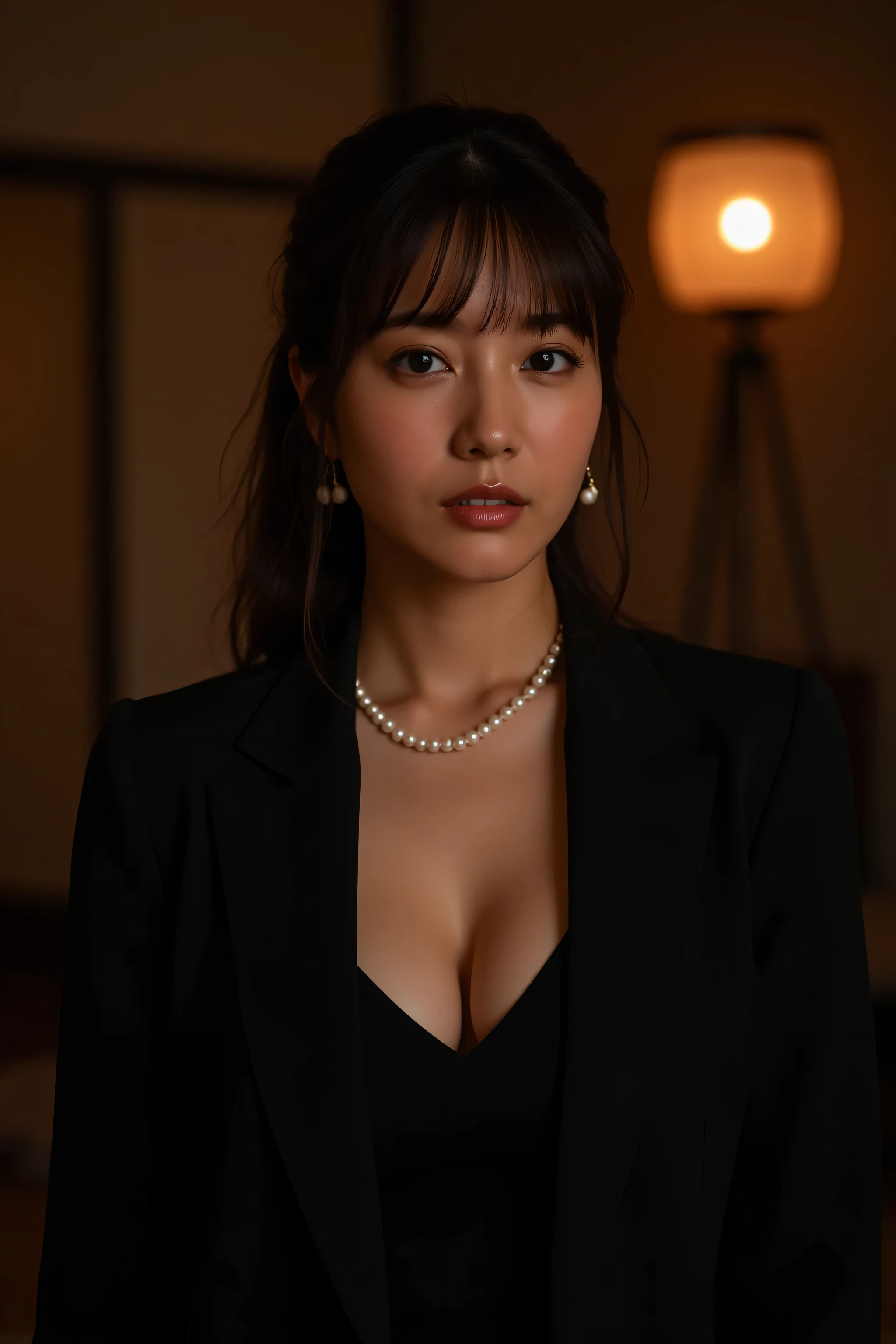 (Highest Quality、greatest masterpiece、8k、best image quality、winning work)、(beautiful mature 40 year old woman:1.4)、 perfect and beautiful composition 、(black long sleeve jacket:1.2)、(black U-neck inner shirt:1.4)、(cleavage:1.2)、Aged face with wrinkles、big breasts、(short chignon :1.2)、(face close-up:1.3)、(Perfect pearl necklace:1.1)、standing gracefully、Modest light makeup、 Ultra High Resolution Beautiful Face 、ultra high definition hair、Ultra High Resolution Sparkling Eyes、super high resolution glossy lips、accurate anatomy、(Dim and elegant Japanese-style room background:1.5)、(dim Japanese-style room with only warm lamp lighting:1.5)、(sad expressionless :1.5)、Sliding Doors、Shoji screen、tatami、(Warm colored lamp backlight:1.5)、(lamp exposing the forehead:1.5)