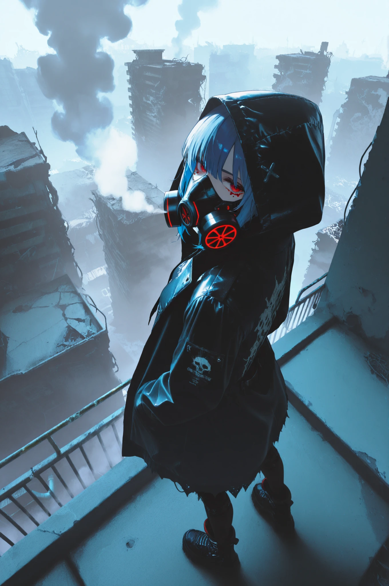 1girl, blue hair, red eyes, punk, hood up, hoodie, long sleeves, post-apocalypse, rooftop, posing, from above, gas mask smoke effect, cyberpunk techwear coat