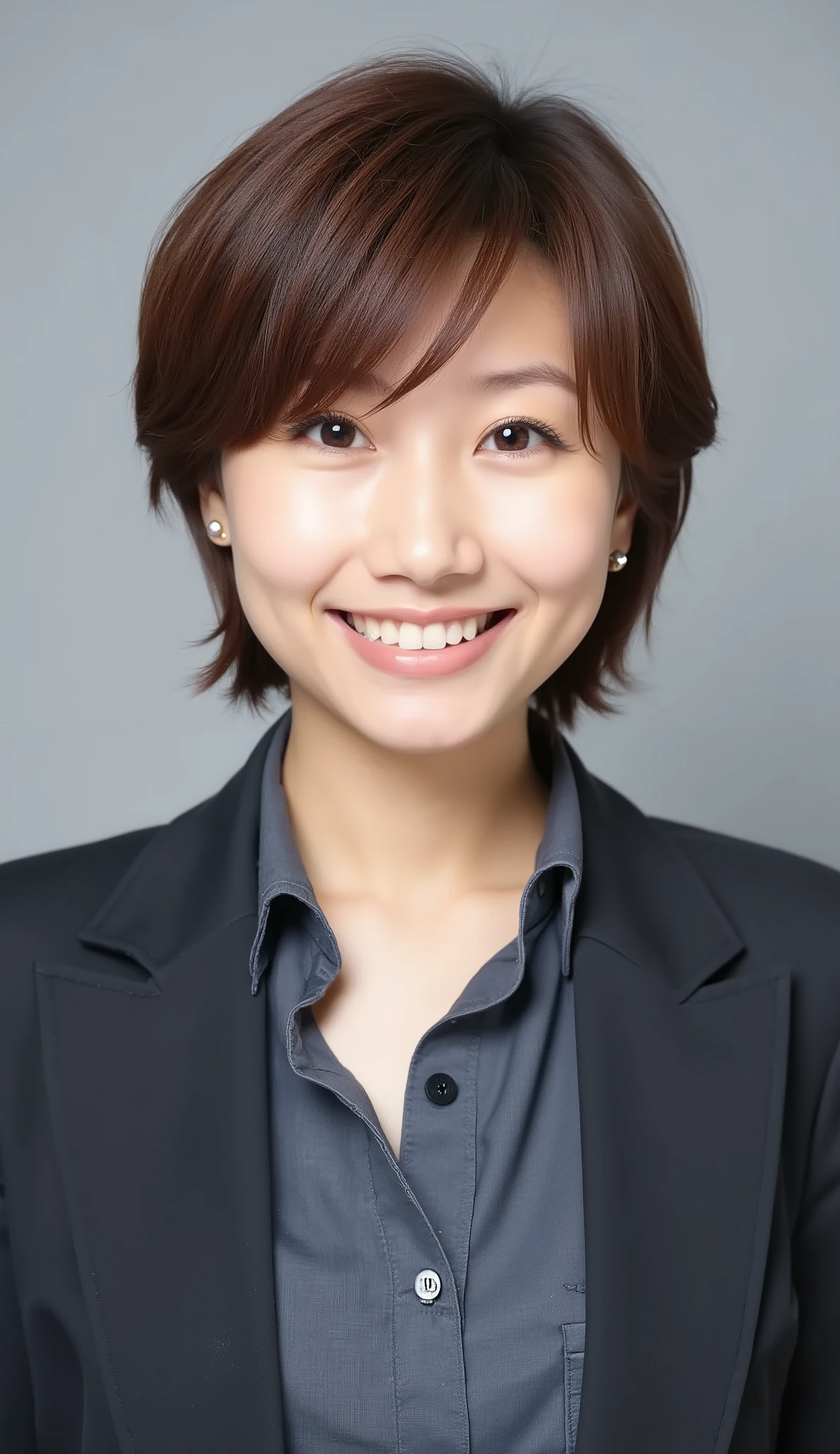 Passport photo of a neat young woman、looking in front、、looking at the camera、office lady suit、jacket、shirt、ear piercings、、 、hairstyle short hair、smile showing teeth、、face close-up、grey background、