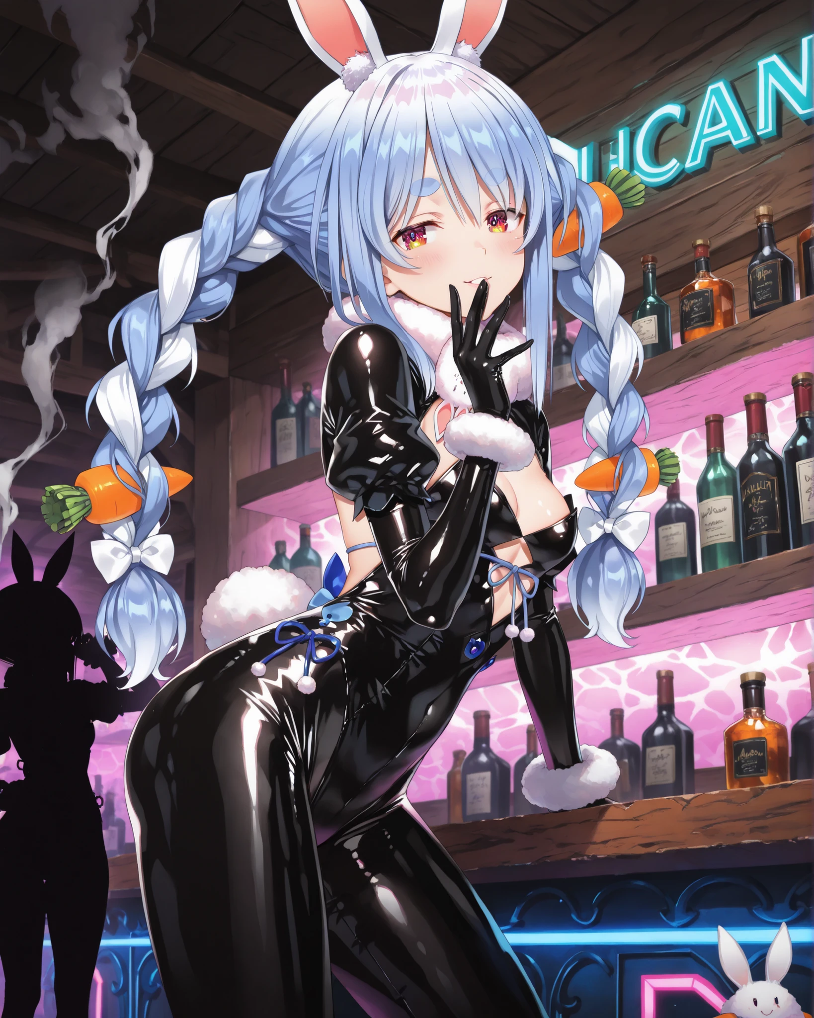 1 sexy gal ,Usada_Pekora_(ホロライブ), solo, (masterpiece, top quality, highly detailed depiction, incredibly high resolution, high quality anime picture), (voluminous A-line silhouette), (seductive gestures),
a bunny girl black latex suit with subtle transparencies, long rabbit ears , (poses on the bar of a tavern under blue neons, pink and violet), smoke floating in the environment, melancholic but seductive look, background with arcane symbols and holograms, soft neon lighting , cinematic approach, reflections of color , (bar), futuristic