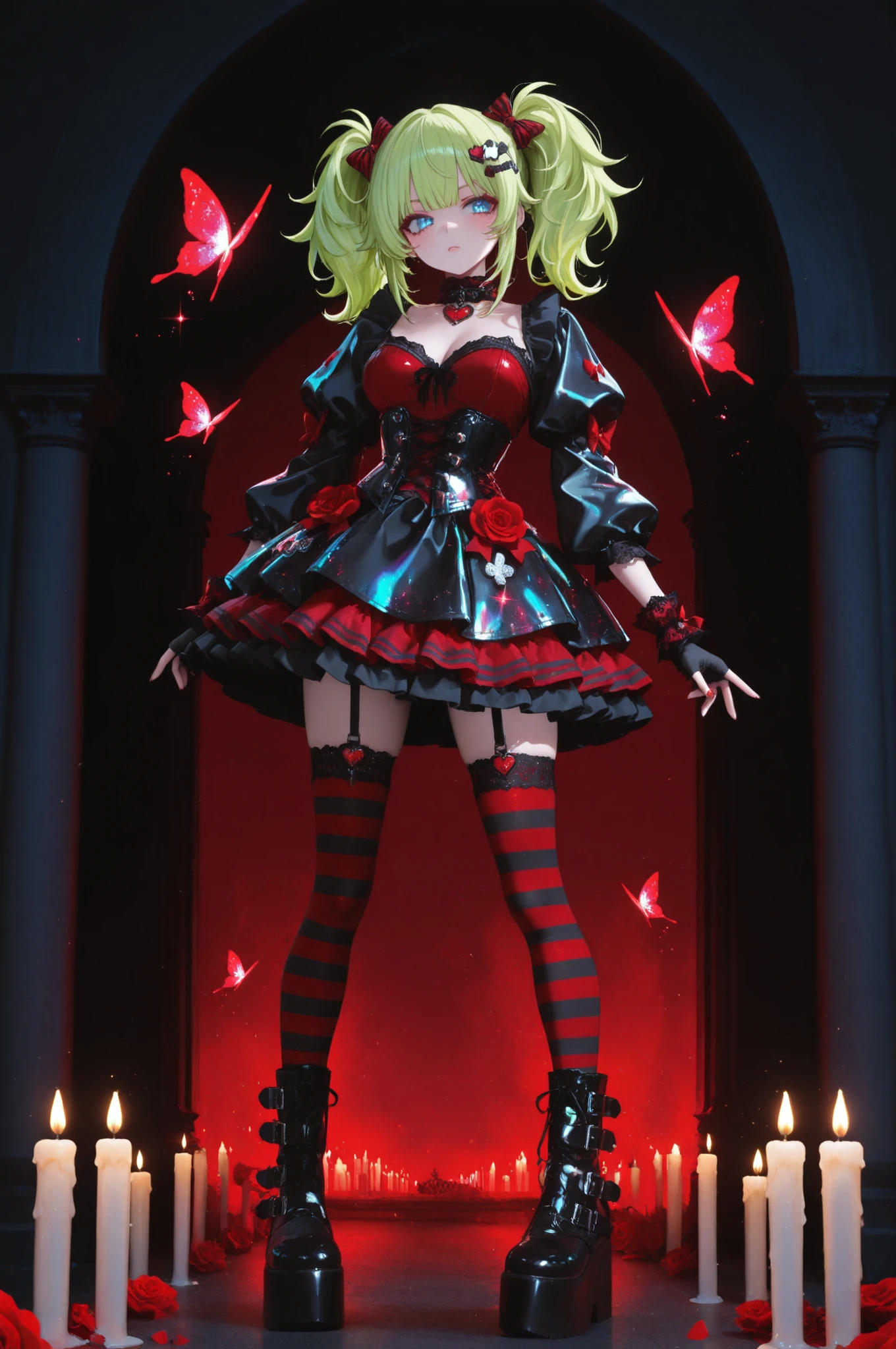 1girl, long, voluminous lime green hair styled in twin tails with red lace bows and spiked hair clips, striking blue eyes. red aristocratic style dress, corset bodice with gold detailing, puffed sleeves with lace cuffs, layered ruffled skirt with black lace trim, and a bat-shaped clip. red striped stockings, chunky platform boots with metal buckles and red roses, fingerless gloves, choker with a glowing red heart. The background features dark gothic arches, glowing candles, and floating red glitter butterflies, decora, glitter, iridescent