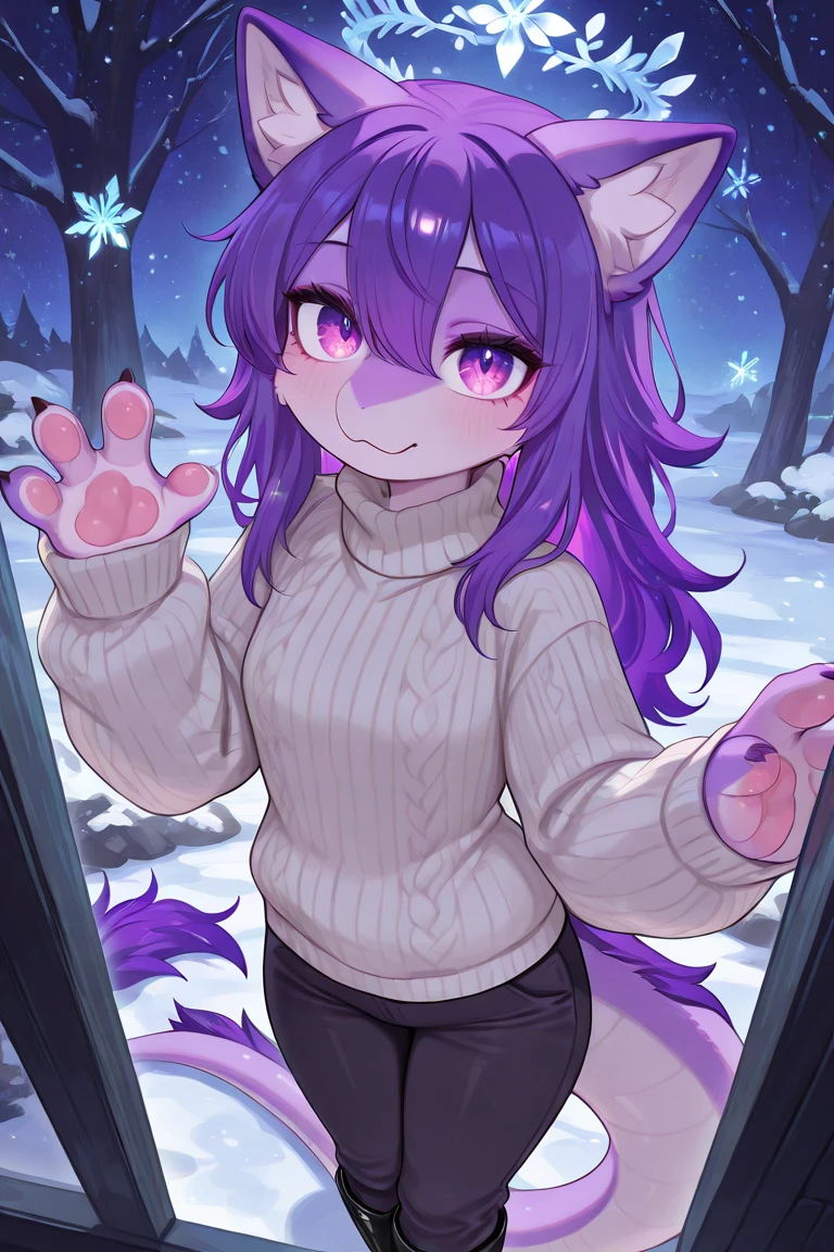 adult, feline, mammal, anthro, anthromorphic, snow, leopard, striped_feline, fur, furred_anthro, fluffy_tail. femboy, male, bangs, ear_tufts, blue_nose, blue_fingers, hair_tuft, hair_between_eyes, short_tail, fluffy, feline_ears, expressive_eyes, purple_hair, light looking_at_viewer, legs, legs_visible, thighs, blue_paws, blue_fur, shy, small_pupils, spotted_pattern, stripes, tail, tail_connected_to_body tiger_stripes, digital_art, high_resolution, high_res, tealblue_background fit, posing, laying_down