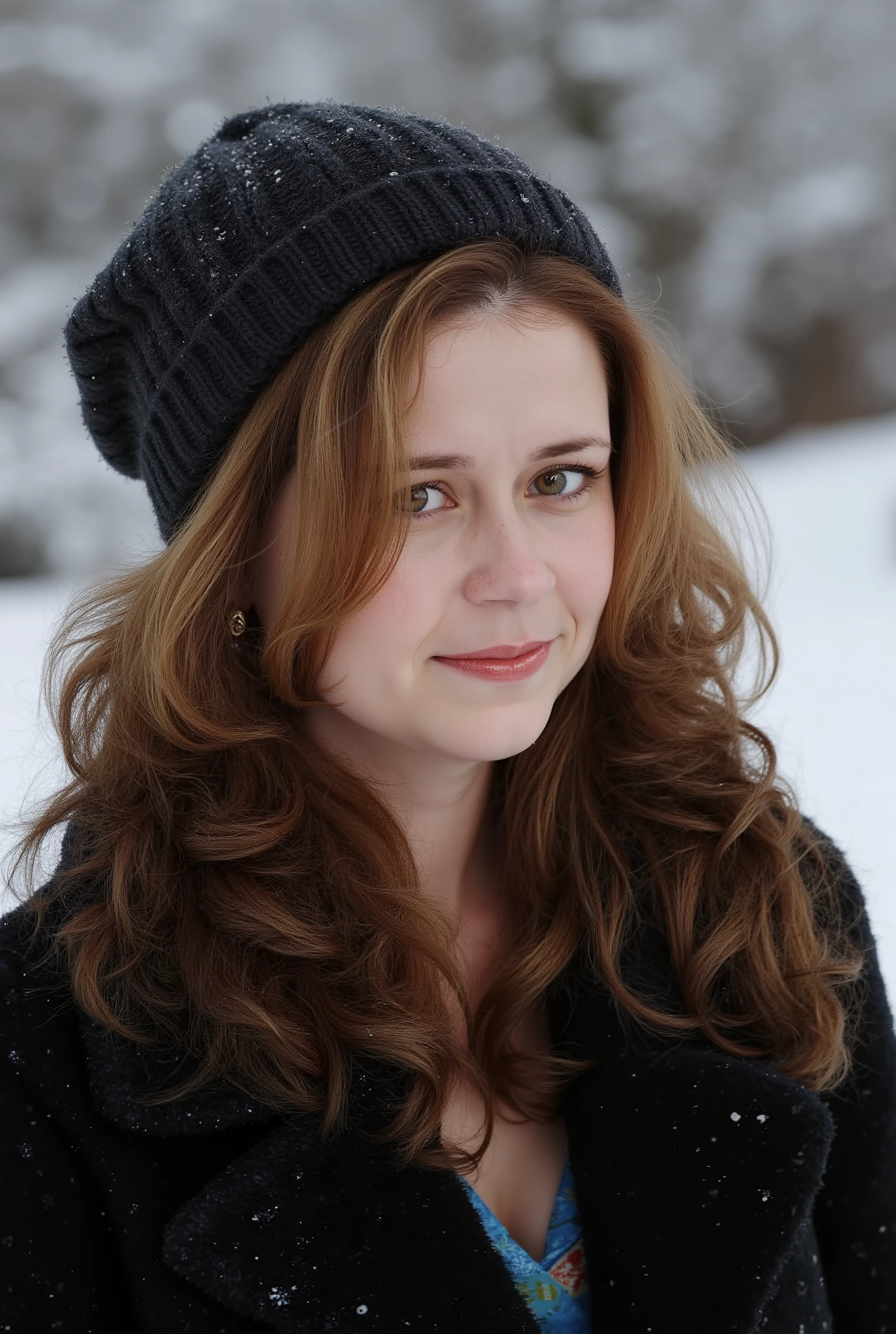 J3NN4,(((HD photo))), ultra high res.photorealistic:. 1.4, UHD, masterpiece, trending on artstation, one girl, ((full body)), Jenna Fisher, Pam Beasly, a young woman with brown hair styled in soft waves and curls that frame her face, wearing a dark furry coat and a matching woolly hat, her clothes are speckled with snowflakes, small gold earrings, 20 years old, fair skin with rosy cheeks, visible cleavage, attractive girl, gorgeous face, smiling shyly, she is looking over her shoulder, slightly turned to the side, snowy outdoor setting, beautiful hazel eyes, looking to the side, high quality, photo-realistic, cinematic lighting, good lightning, detailed skin, intricate hairstyle, waivy hair, warm color tones, vintage feel, 90's, 35mm lens, realistic skin texture,