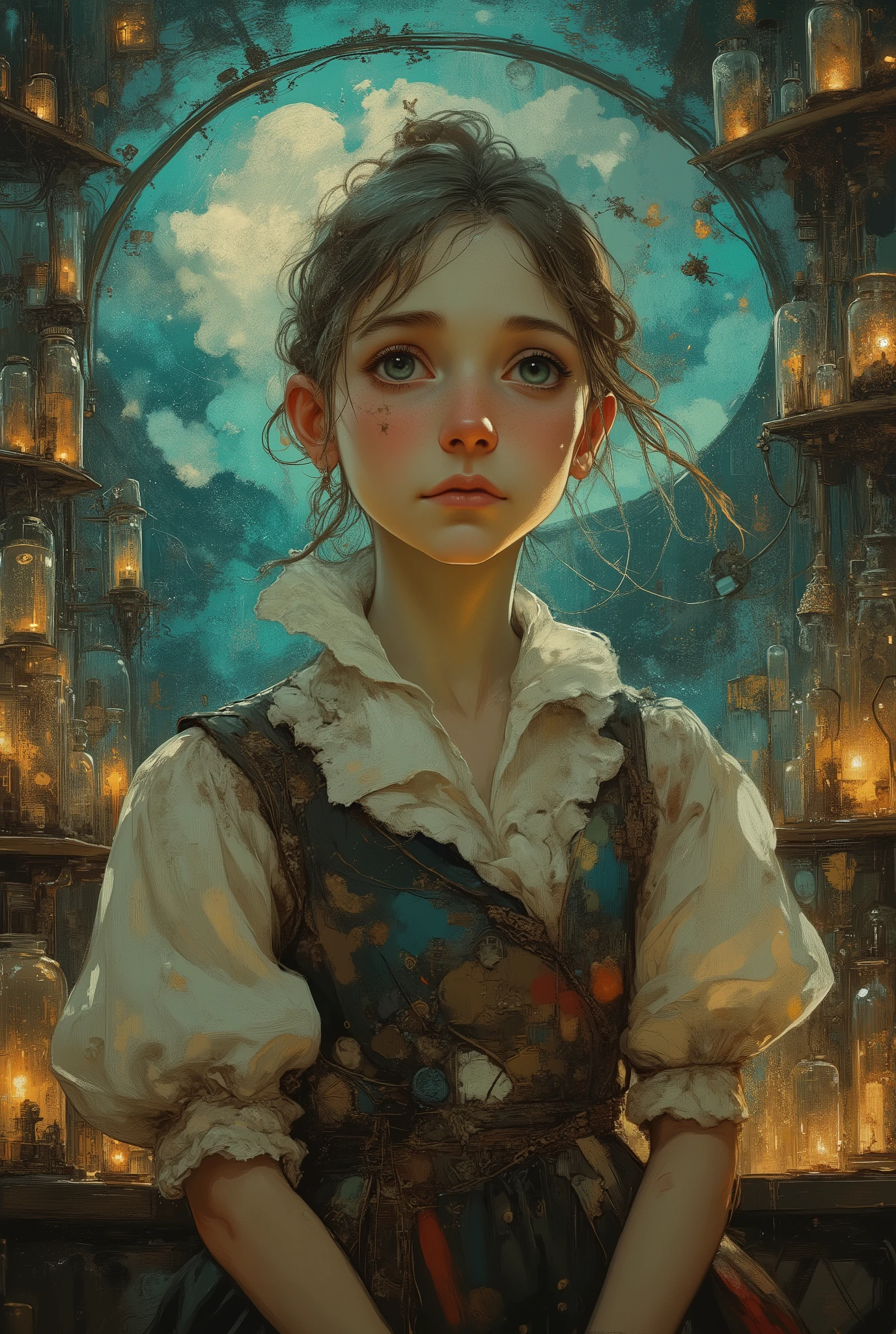 capolavoro, high quality , ultra high definition, 8K anime style , Stile pittorico , Dramatic portrait of a beautiful alchemist inside a steampunk laboratory, light panels around her with lights that shine in the dark, shelves with creatures in glass vases, work gown full of details with elaborate drawings, expression of a timeless pain, Background with window with moon and twisted clouds, teal light penetrating through the darkness, environment illuminated by candles with yellow light, oil paint texture with visible brushstrokes, strong contrast between light and shadow, surreal fusion of purity and darkness, ultra detailed masterpiece:1.5, best quality