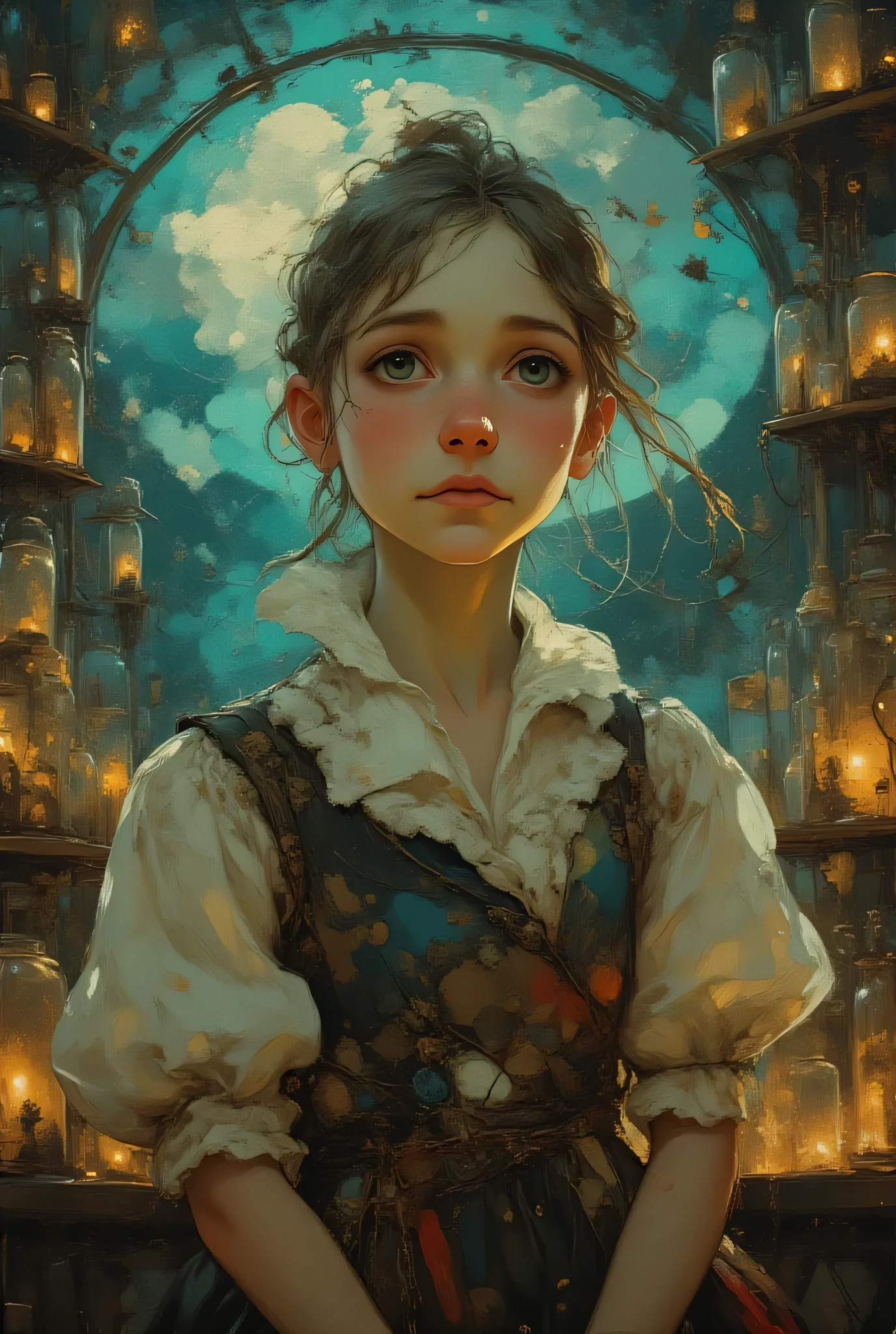 capolavoro, high quality , ultra high definition, 8K anime style , Stile pittorico , Dramatic portrait of a beautiful alchemist inside a steampunk laboratory, light panels around her with lights that shine in the dark, shelves with creatures in glass vases, work gown full of details with elaborate drawings, expression of a timeless pain, Background with window with moon and twisted clouds, teal light penetrating through the darkness, environment illuminated by candles with yellow light, oil paint texture with visible brushstrokes, strong contrast between light and shadow, surreal fusion of purity and darkness, ultra detailed masterpiece:1.5, best quality