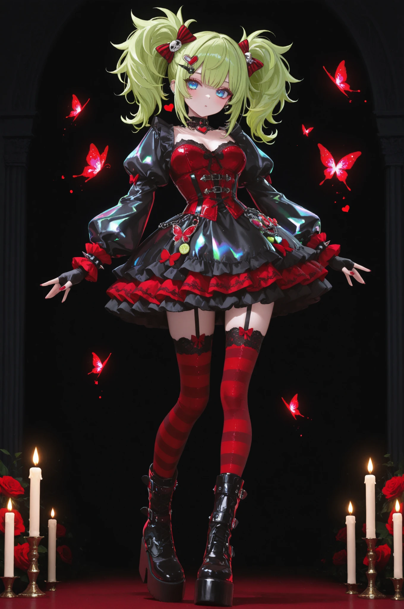 1girl, long, voluminous lime green hair styled in twin tails with red lace bows and spiked hair clips, striking blue eyes. red aristocratic style dress, corset bodice with gold detailing, puffed sleeves with lace cuffs, layered ruffled skirt with black lace trim, and a bat-shaped clip. red striped stockings, chunky platform boots with metal buckles and red roses, fingerless gloves, choker with a glowing red heart. The background features dark gothic arches, glowing candles, and floating red glitter butterflies, decora, glitter, iridescent