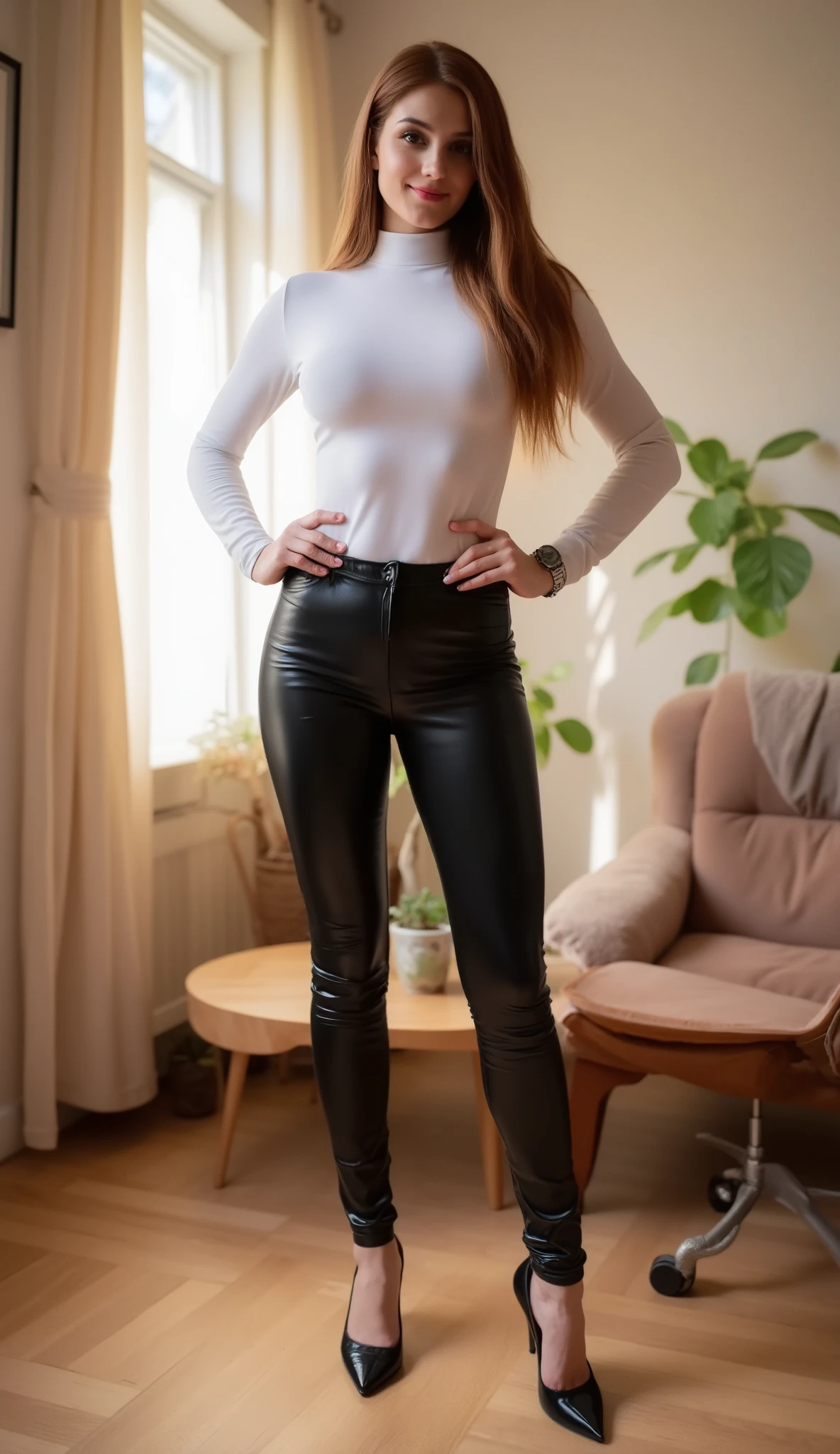 beautiful, sexy, sensual, tall, long brown-haired, 20-year-old TikTok model girl with long, slender legs, a thin waist, broad shoulders, wearing tight black leather pants, a white high-necked turtleneck sweater, and elegant black leather stiletto heels that highlight her graceful, slender ankles, standing with her legs apart, hands on her hips, in a sunny, modern apartment living room