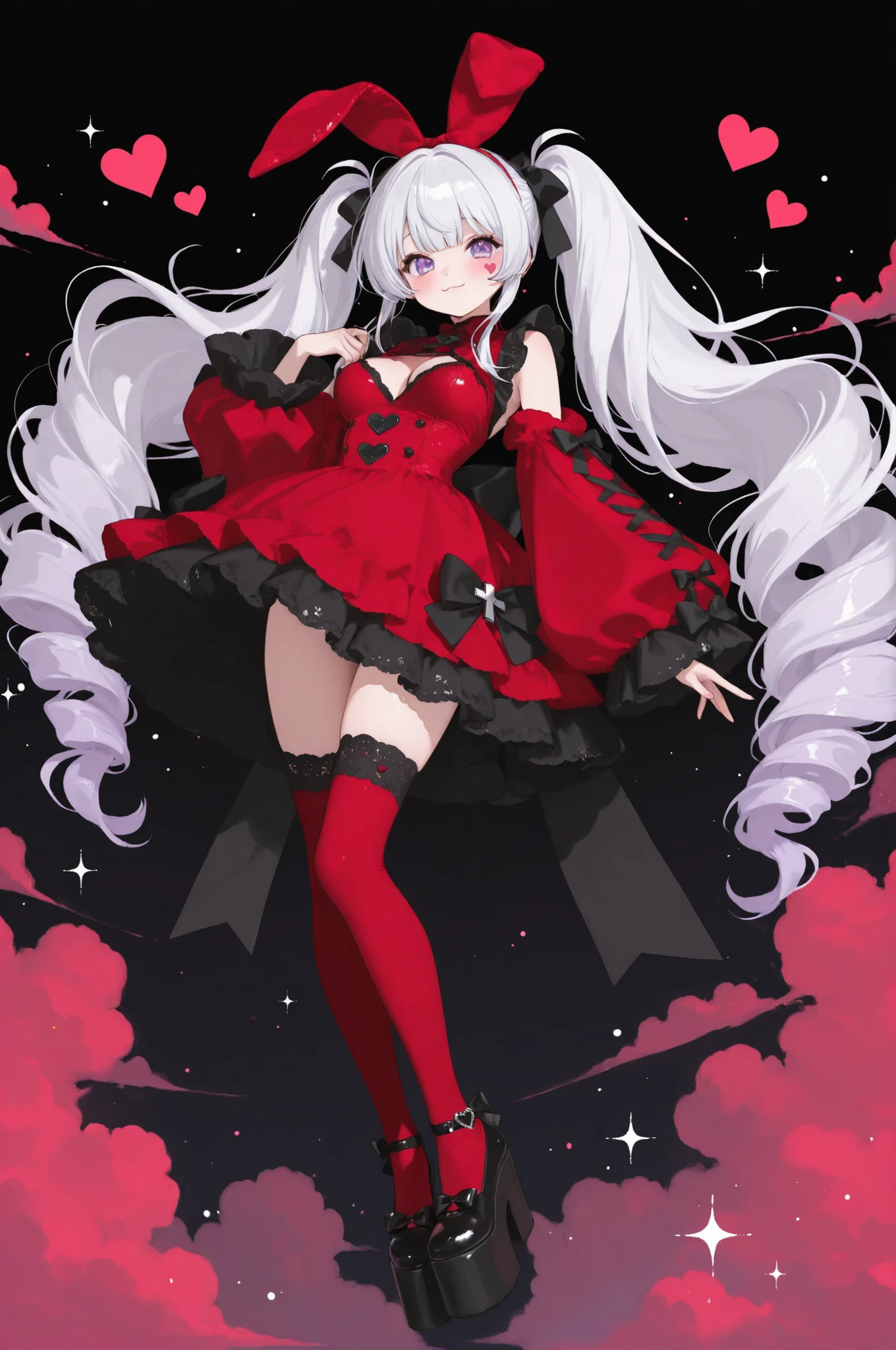 Sticker style, kawaii, 1girl, adult, white hair, lilac eyes, medium breasts, frilly, lace-trimmed red dress with oversized sleeves, heart-shaped buttons, and a big bow on the back, red-colored thigh-high socks with ribbons, cute platform shoes with cross charms, black plush bunny. rosy cheeks, gentle smile, sparkles, floating hearts, black background, and red clouds in the background