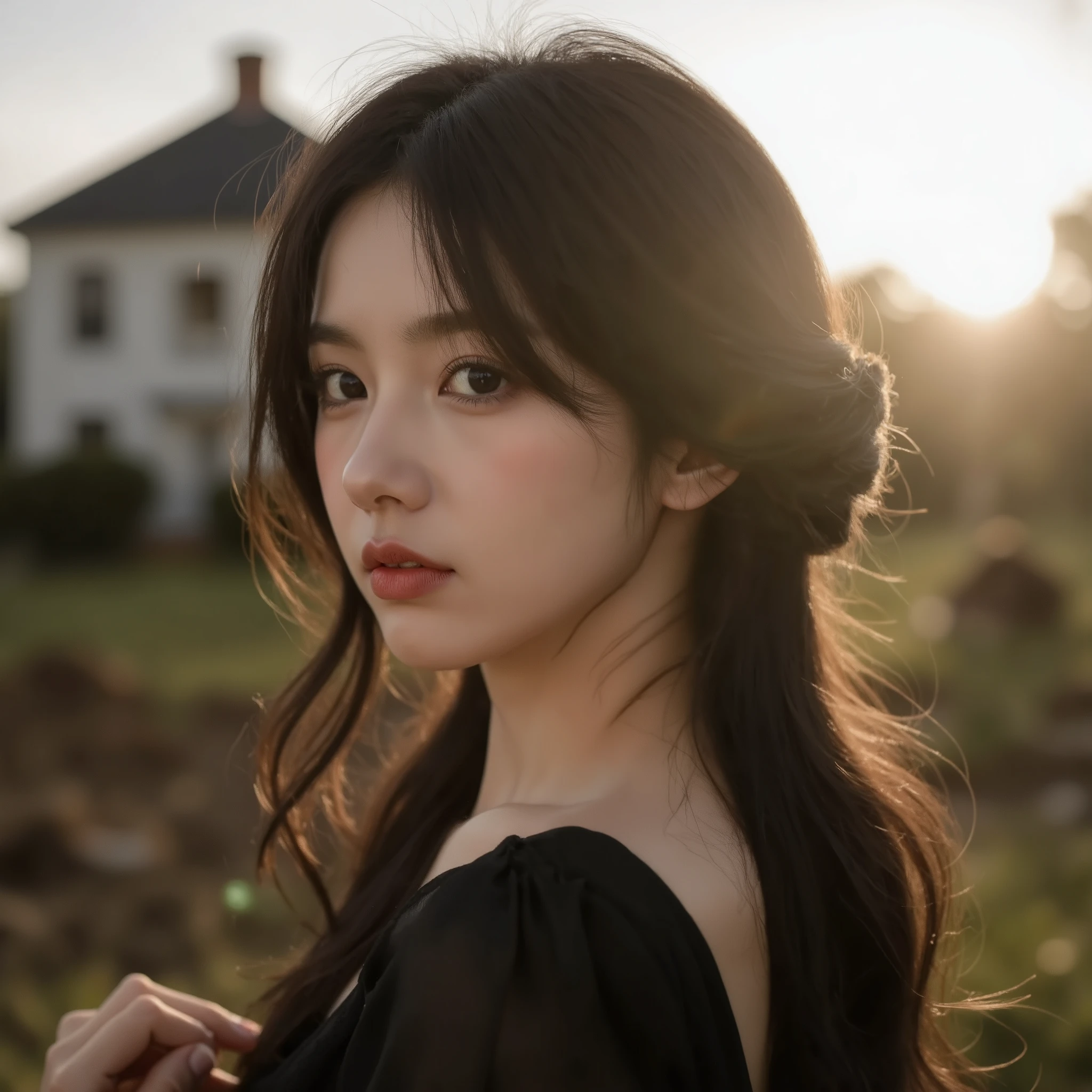 masterpiece, 8k, Highest Quality, detail, high resolution, Digital Photo, ultra detailed, photorealistic portrait of a resilient Southern woman, "Gone with the Wind" (1939) aesthetic, 3/4 angle view, dark fantasy custome, plantation house visible in background amid wartime devastation, Civil War era setting, windswept dramatic scene, determination in eyes, period-accurate hairstyle with center part and side curls, contemplative expression capturing inner turmoil, golden hour lighting creating dramatic shadows and highlights, professional photography, 50mm lens, f/1.8 aperture, cinematic depth of field, soft background bokeh, film emulation, dramatic contrast, historically accurate details