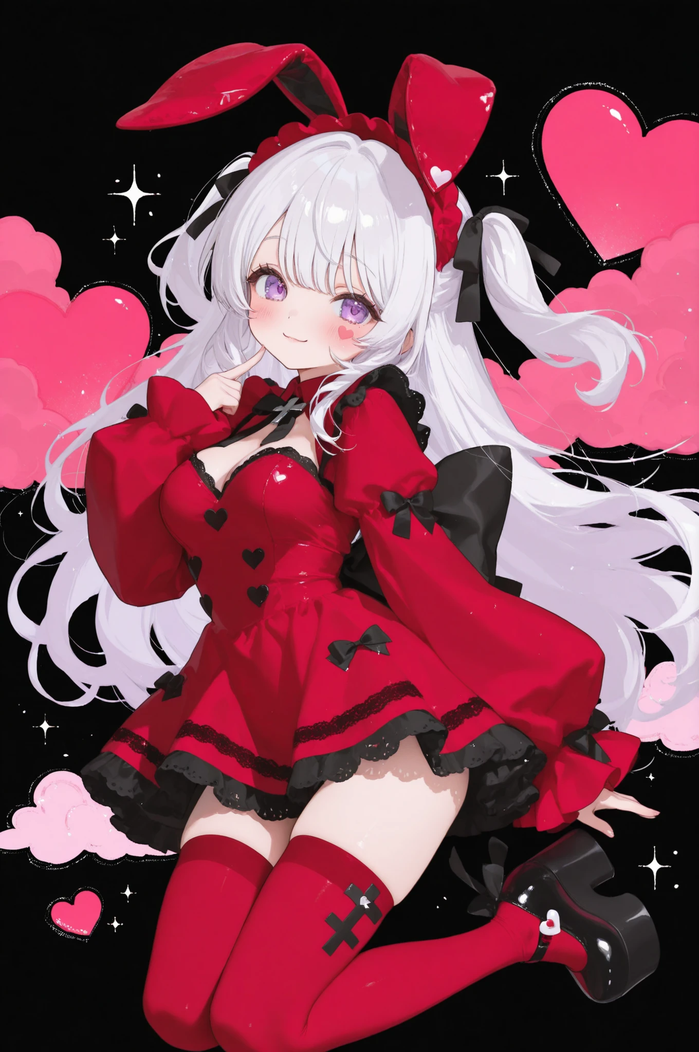 Sticker style, kawaii, 1girl, adult, white hair, lilac eyes, medium breasts, frilly, lace-trimmed red dress with oversized sleeves, heart-shaped buttons, and a big bow on the back, red-colored thigh-high socks with ribbons, cute platform shoes with cross charms, black plush bunny. rosy cheeks, gentle smile, sparkles, floating hearts, black background, and red clouds in the background
