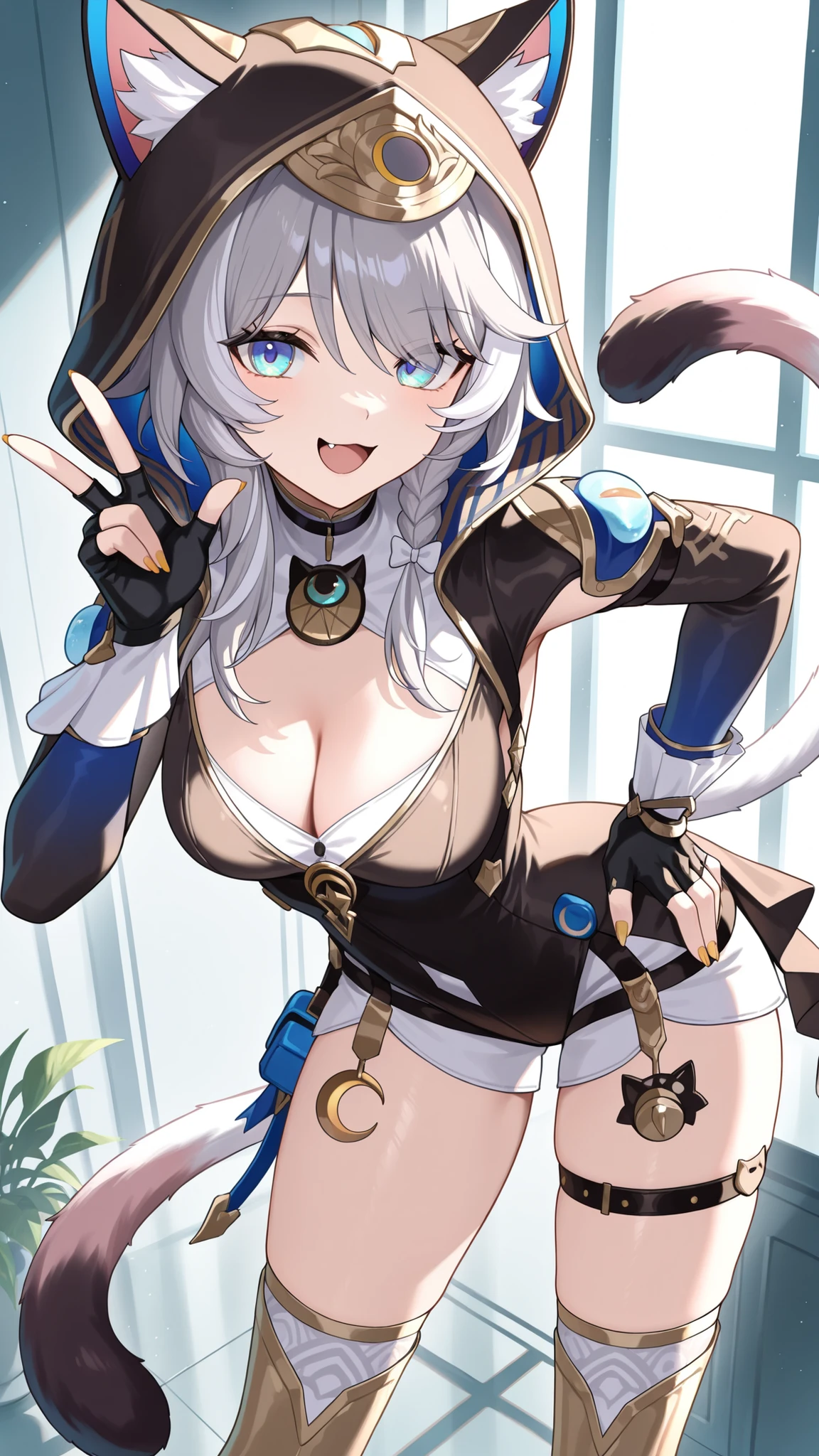 masterpiece,best quality,highre,ultra-detailed,detailed illustration,source_anime,1woman,solo,cipher \(honkai star rail\), 1girl, solo, tail, grey hair, blue eyes, gloves, animal ears, hood, cat tail, cat ears, hood up, black gloves, fingerless gloves, cat girl, animal hood, shorts, cleavage, braid, cat hood, long sleeves, thighhighs, thigh strap, medium hair, clothing cutout, cleavage cutout,contrapposto, arched back, hand on hip, legs apart,smile,w,fang,open mouth,