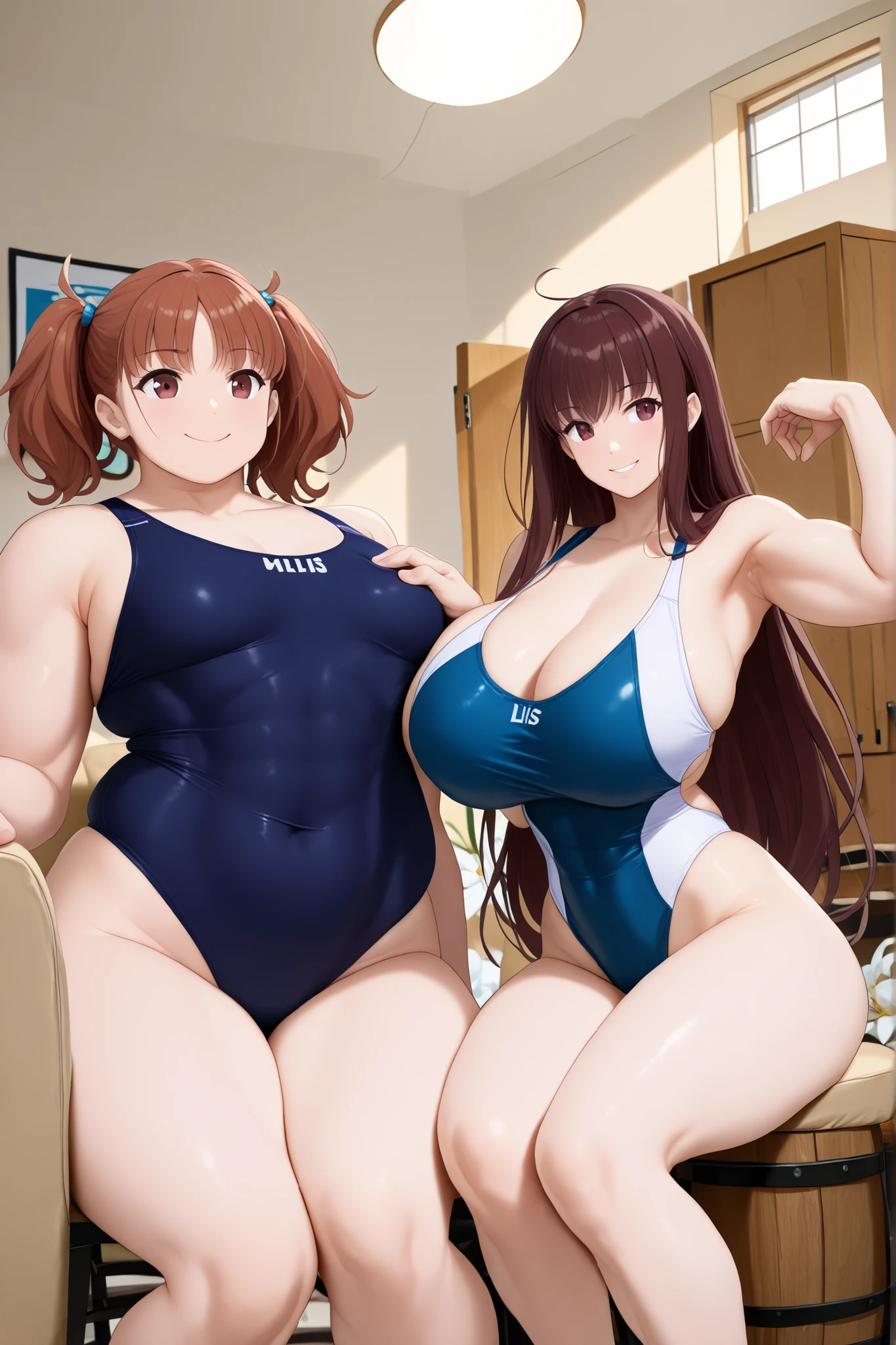 score_9, score_8_up , score_7_up , just describe what you want, tag1, tag2,official art, official style,anime capture, anime coloring, anime screenshot, game cg,illustration,(type-moon style:1.3),(Azur Lane style:1.5),(masterpiece:1.5),(most detailed:1.5), (high resolution:1.5), (best quality:1.5),(perfect anatomy:1.5), (4K:1.3),(2 girls:1.3),(Lily is sitting and open legs on the right:1.9), (Lala is standing on the left:1.5),(Lara and Lily look at each other, grab each other's breasts: 1.5),(mizuno competition swimsuit:1.5), (both have brown hair:1.7), brown eyes,(beautiful girl:1.3),(Lala is a flat chest:1.5, flat chest, flat chest,barrel-shaped body:1.3,big body:1.3, cylindrical body type:1.5,flat chest, flat chest, muscular,muscular, brawny, beefy, toned body, abs , Wide shoulders, wide chest, wide arms, wide torso, wide legs ,competitive swimsuit : 1.5),
(Lily is a huge breasts:1.5 ,huge breasts,boob,mizuno competitive swimsuit,cleavage ,boob:1.3,glamorous ,voluptuous ,beautiful breasts , curvy,with natural bangs: 1.5) ,(Lala is a flat chest:1.5, flat chest, flat chest,barrel-shaped body:1.3,big body:1.3, cylindrical body type:1.5,flat chest, flat chest, muscular,muscular, brawny, beefy, toned body, abs , Wide shoulders, wide chest, wide arms, wide torso, wide legs ,competitive swimsuit : 1.5), ,( living room,sofa,chair,window,sunshine :1.5 ),smile:1.3,(no background:1.5),