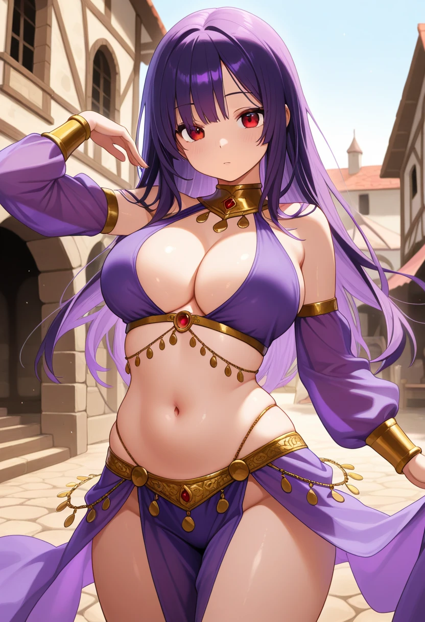 high quality, ultra detailed, best quality, insanely detailed, beautiful, masterpiece, 1girl, medieval plaza, cowboy shot, red eyes, long hair, purple hair, belly dancer, circlet, earrings, armlets, bracelets, bashful smile, ?????????????, cleavage, soft stomach