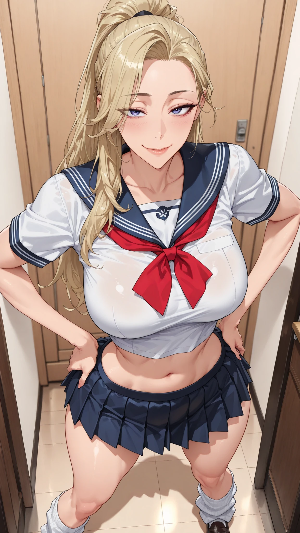 (Mature Woman Standing on a Straw Covered Floor, Legs slightly apart, Place your hands on her .) standing with her legs slightly open on a floor covered with straw with dim lighting, Empty Piggy House. cowboy shot, (strong-willed woman. Delinquent ) ((Diagonal eyes)), 非常にbeautiful. ((Very tall, slender, tall woman with stone hair.))) (Perfect Eyes, student.) Blonde, beautifulストレート, long hair, High Ponytail ((Divided in the Middle)) (()), ((Diagonal, upturned eye)) ((Slim, beautiful体)) ((((beautiful, thin waist, School Uniforms. Super short, Short Sleeve Sailor Suit. (, sailor suit feels small, stomach, In a wink ). extreme, Extremely short length. Mini Pleated Skirt. (white loose socks. loafers).
. ultra high definition, Highest Quality, Ultra High Definition, 8k, masterpiece ((())) (((has a bright red face, Has a Smile))))) ((Slim))
(cowboy shot). Viewer View, Face-to-face view. (Biologically Correct Body)