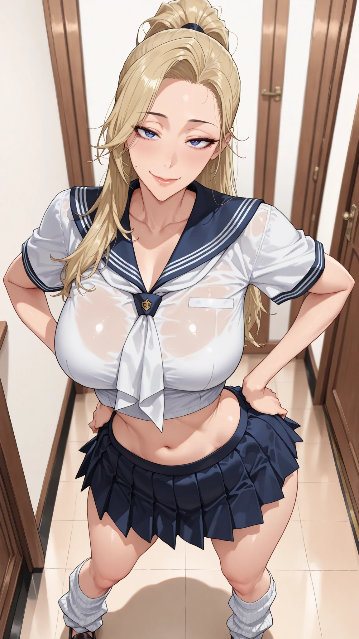 (Mature Woman Standing on a Straw Covered Floor, Legs slightly apart, Place your hands on her .) standing with her legs slightly open on a floor covered with straw with dim lighting, Empty Piggy House. cowboy shot, (strong-willed woman. Delinquent ) ((Diagonal eyes)), 非常にbeautiful. ((Very tall, slender, tall woman with stone hair.))) (Perfect Eyes, student.) Blonde, beautifulストレート, long hair, High Ponytail ((Divided in the Middle)) (()), ((Diagonal, upturned eye)) ((Slim, beautiful体)) ((((beautiful, thin waist, School Uniforms. Super short, Short Sleeve Sailor Suit. (, sailor suit feels small, stomach, In a wink ). extreme, Extremely short length. Mini Pleated Skirt. (white loose socks. loafers).
. ultra high definition, Highest Quality, Ultra High Definition, 8k, masterpiece ((())) (((has a bright red face, Has a Smile))))) ((Slim))
(cowboy shot). Viewer View, Face-to-face view. (Biologically Correct Body)