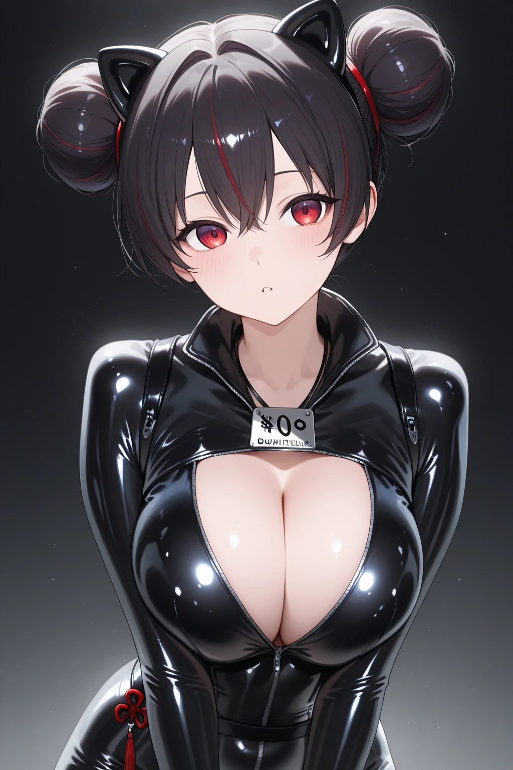 masterpiece, best quality, absurdres, highres, newest, 1girl, solo, <lora:quency-nikke-richy-v1_ixl:1> qncypt, pink eyes, black hair, pink hair, streaked hair, hair between eyes, double bun, huge breasts, cleavage, necklace, harness, between breasts, black bodysuit, latex bodysuit, unzipped, black belt, thick thighs, mask on head, looking at viewer, squatting, laser, (dark, darkness, night, dark theme, black background:1.4), shushing, naughty face, looking at viewer, incoming headpat, shiny clothes, seductive smile, half-closed eyes, breast press, areola slip, finger to mouth, glowing, hand up, leaning forward, foreshortening,