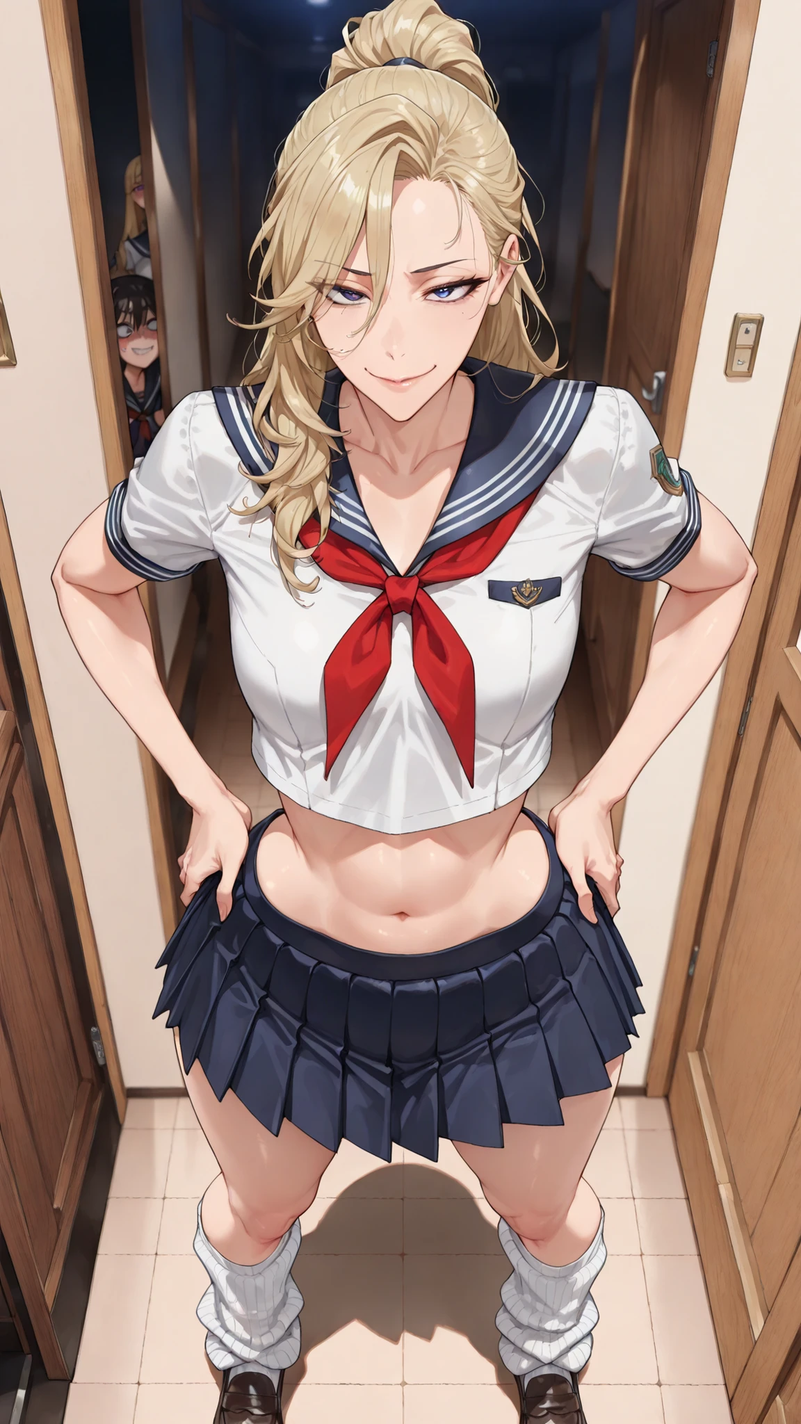 (Mature Woman Standing on a Straw Covered Floor, Legs slightly apart, Place your hands on her .) standing with her legs slightly open on a floor covered with straw with dim lighting, Empty Piggy House. cowboy shot, (strong-willed woman. Delinquent ) ((Diagonal eyes)), 非常にbeautiful. ((Very tall, slender, tall woman with stone hair.))) (Perfect Eyes, student.) Blonde, beautifulストレート, long hair, High Ponytail ((Divided in the Middle)) (()), ((Diagonal, upturned eye)) ((Slim, beautiful体)) ((((beautiful, thin waist, School Uniforms. Super short, Short Sleeve Sailor Suit. (small breasted, sailor suit feels small, stomach, In a wink ). extreme, Extremely short length. Mini Pleated Skirt. (white loose socks. loafers).
. ultra high definition, Highest Quality, Ultra High Definition, 8k, masterpiece ((())) (((has a bright red face, Has a Smile))))) ((Slim))
(cowboy shot). Face-to-face view. (Biologically Correct Body)