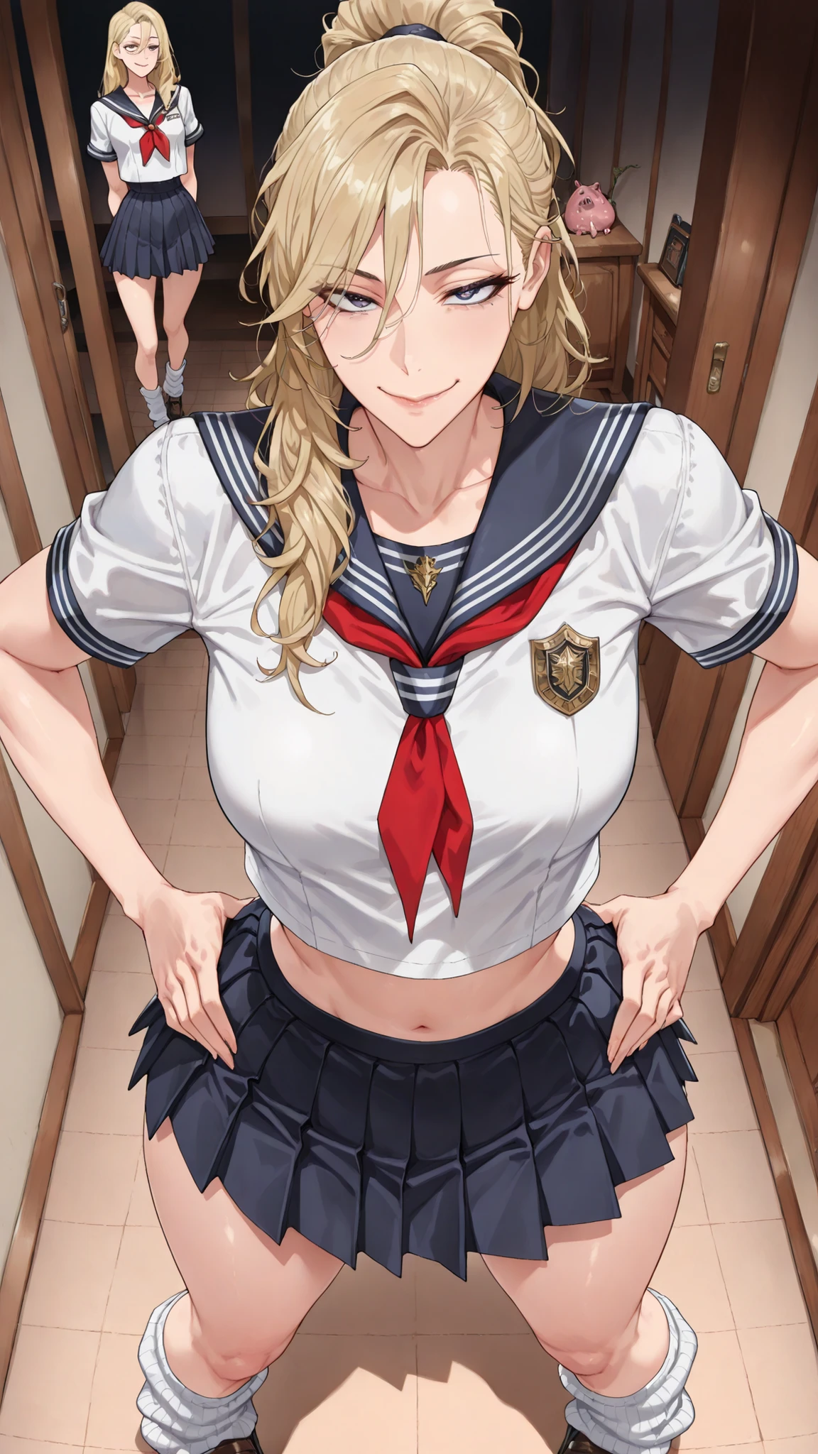 (Mature Woman Standing on a Straw Covered Floor, Legs slightly apart, Place your hands on her hips .) standing with her legs slightly open on a floor covered with straw with dim lighting, Empty Piggy House. cowboy shot, (strong-willed woman. Delinquent ) ((Diagonal eyes)), 非常にbeautiful. ((Very tall, slender, tall woman with stone hair.))) (Perfect Eyes, student.) Blonde, beautifulストレート, long hair, High Ponytail ((Divided in the Middle)) (()), ((Diagonal, upturned eye)) ((Slim, beautiful体)) ((((beautiful, thin waist, School Uniforms. Super short, Short Sleeve Sailor Suit. (small breasted, sailor suit feels small, stomach, In a wink ). extreme, Extremely short length. Mini Pleated Skirt. (white loose socks. loafers).
. ultra high definition, Highest Quality, Ultra High Definition, 8k, masterpiece ((())) (((has a bright red face, Has a Provocative Smile))))) ((Slim))
(cowboy shot). Face-to-face view. (Biologically Correct Body)