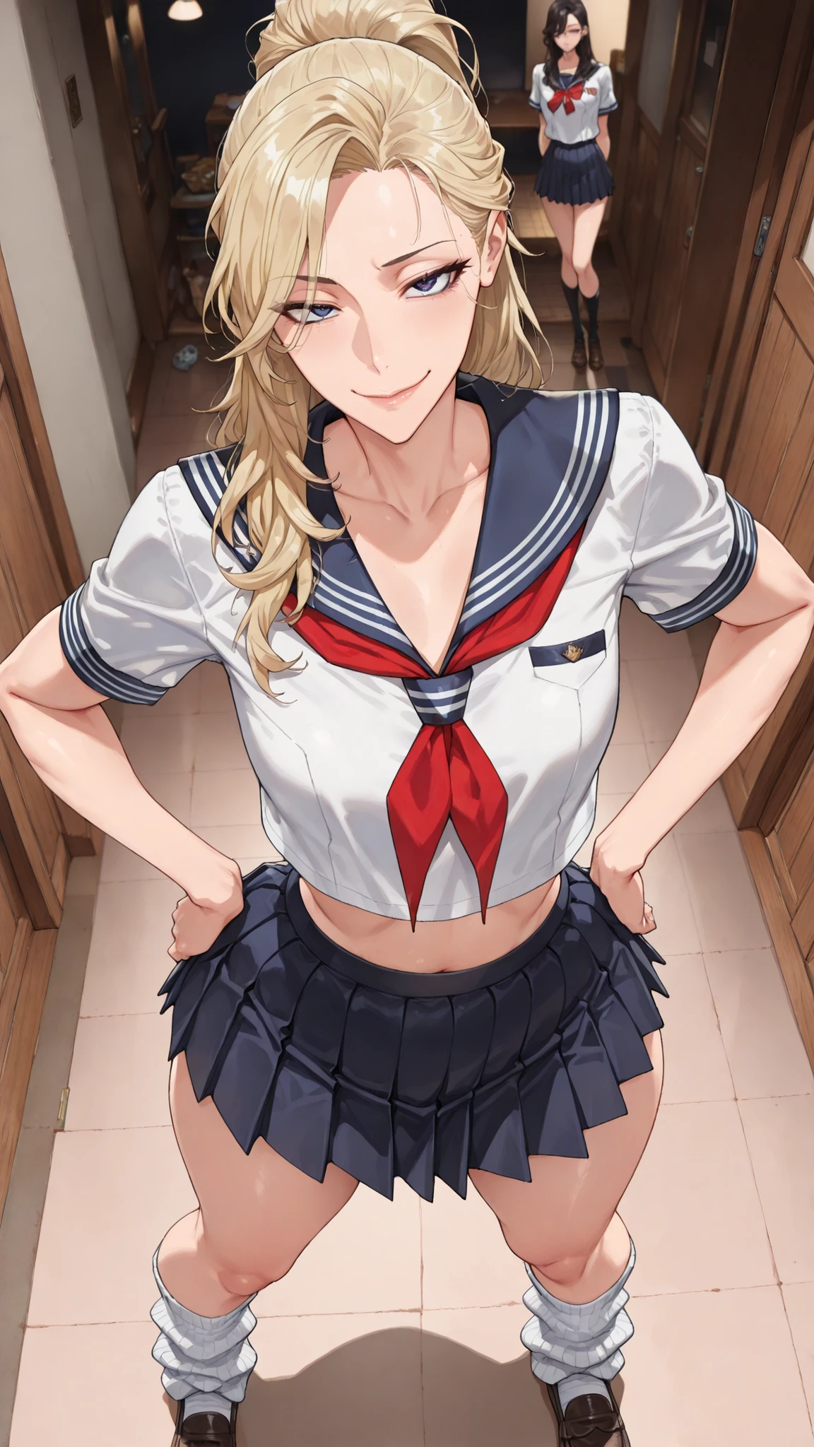 (Mature Woman Standing on a Straw Covered Floor, Legs slightly apart, Place your hands on her .) standing with her legs slightly open on a floor covered with straw with dim lighting, Empty Piggy House. cowboy shot, (strong-willed woman. Delinquent ) ((Diagonal eyes)), 非常にbeautiful. ((Very tall, slender, tall woman with stone hair.))) (Perfect Eyes, student.) Blonde, beautifulストレート, long hair, High Ponytail ((Divided in the Middle)) (()), ((Diagonal, upturned eye)) ((Slim, beautiful体)) ((((beautiful, thin waist, School Uniforms. Super short, Short Sleeve Sailor Suit. (small breasted, sailor suit feels small, stomach, In a wink ). extreme, Extremely short length. Mini Pleated Skirt. (white loose socks. loafers).
. ultra high definition, Highest Quality, Ultra High Definition, 8k, masterpiece ((())) (((has a bright red face, Has a Smile))))) ((Slim))
(cowboy shot). Face-to-face view. (Biologically Correct Body)