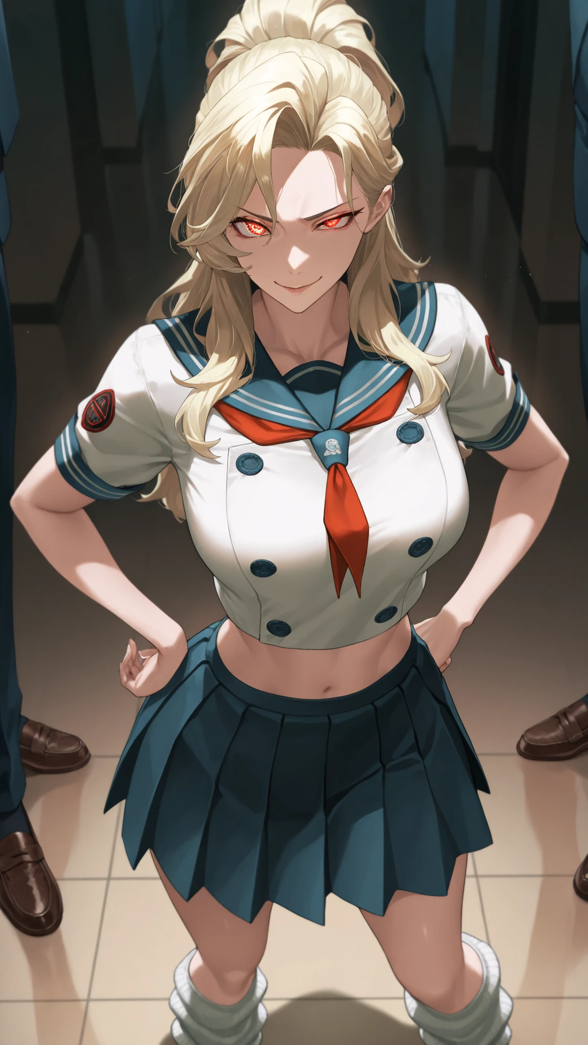 (Mature Woman Standing on a Straw Covered Floor, Legs slightly apart, Place your hands on her .) standing with her legs slightly open on a floor covered with straw with dim lighting, cowboy shot, (strong-willed woman. Delinquent ) ((Diagonal eyes)), 非常にbeautiful. ((Very tall, slender, tall woman with stone hair.))) (Perfect Eyes, student.) Blonde, beautifulストレート, long hair, High Ponytail ((Divided in the Middle)) (()), ((Diagonal, upturned eye)) ((Slim, beautiful体)) ((((beautiful, thin waist, School Uniforms. Super short, Short Sleeve Sailor Suit. (small breasted, sailor suit feels small, stomach, In a wink ). extreme, Extremely short length. Mini Pleated Skirt. (white loose socks. loafers).
. ultra high definition, Highest Quality, Ultra High Definition, 8k, masterpiece ((())) (((has a bright red face, Has a Smile))))) ((Slim))
(cowboy shot). Face-to-face view. (Biologically Correct Body)