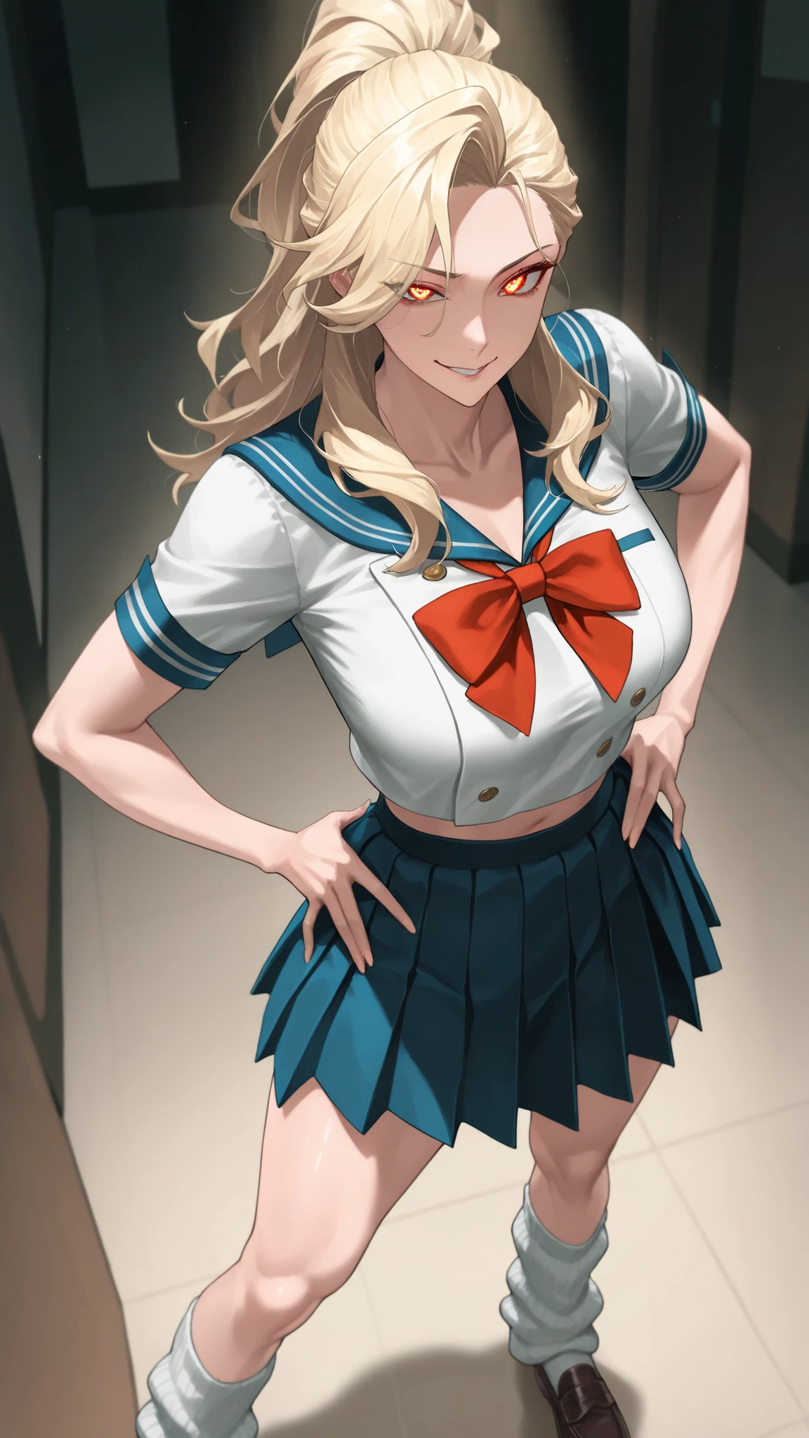 (Mature Woman Standing on a Straw Covered Floor, Legs slightly apart, Place your hands on her .) standing with her legs slightly open on a floor covered with straw with dim lighting, cowboy shot, (strong-willed woman. Delinquent ) ((Diagonal eyes)), 非常にbeautiful. ((Very tall, slender, tall woman with stone hair.))) (Perfect Eyes, student.) Blonde, beautifulストレート, long hair, High Ponytail ((Divided in the Middle)) (()), ((Diagonal, upturned eye)) ((Slim, beautiful体)) ((((beautiful, thin waist, School Uniforms. Super short, Short Sleeve Sailor Suit. (small breasted, sailor suit feels small, stomach, In a wink ). extreme, Extremely short length. Mini Pleated Skirt. (white loose socks. loafers).
. ultra high definition, Highest Quality, Ultra High Definition, 8k, masterpiece ((())) (((has a bright red face, Has a Smile))))) ((Slim))
(cowboy shot). Face-to-face view. (Biologically Correct Body)