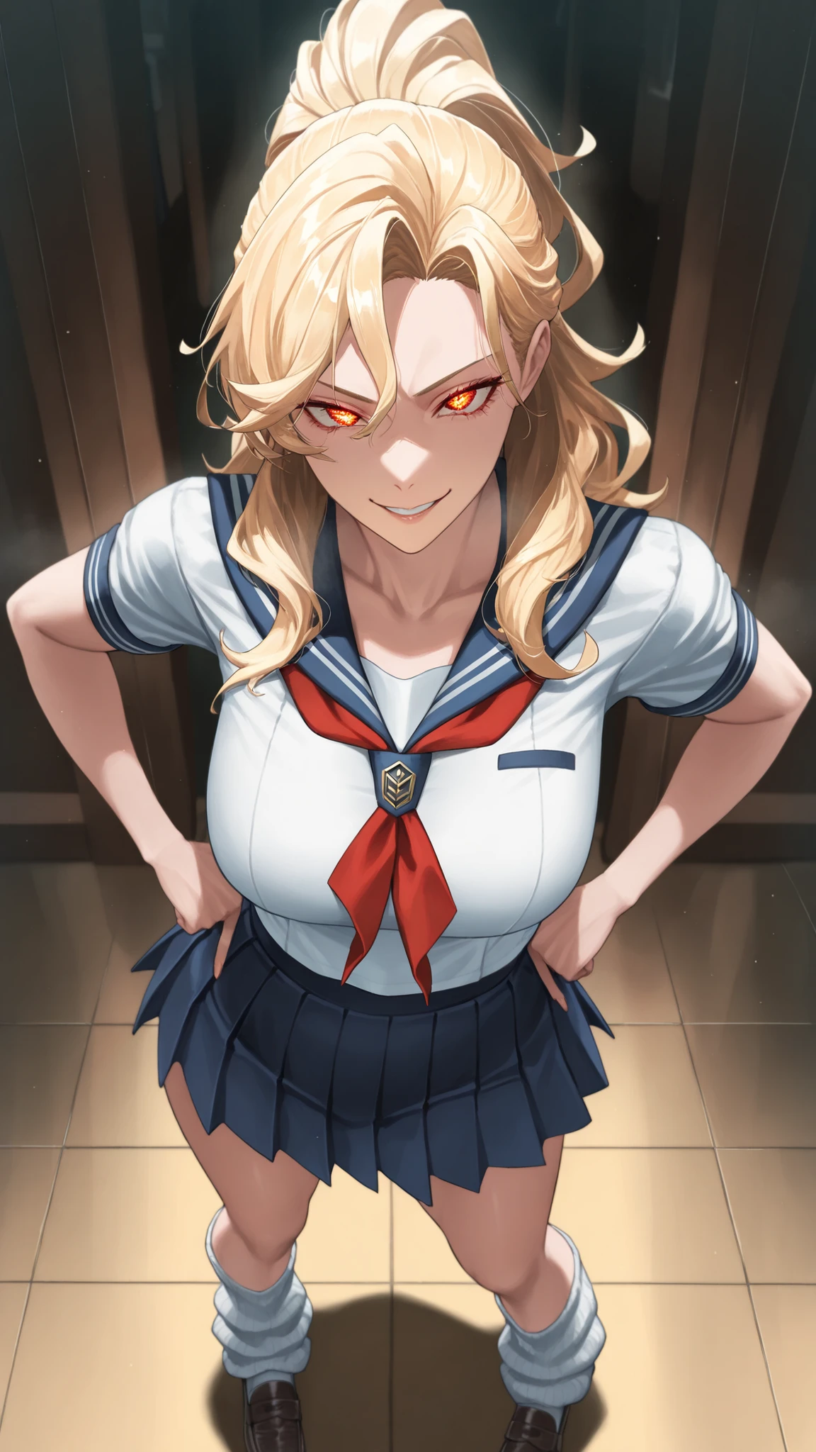 (Mature Woman Standing on a Straw Covered Floor, Legs slightly apart, Place your hands on her .) standing with her legs slightly open on a floor covered with straw with dim lighting, cowboy shot, (strong-willed woman. Delinquent ) ((Diagonal eyes)), 非常にbeautiful. ((Very tall, slender, tall woman with stone hair.))) (Perfect Eyes, student.) Blonde, beautifulストレート, long hair, High Ponytail ((Divided in the Middle)) (()), ((Diagonal, upturned eye)) ((Slim, beautiful体)) ((((beautiful, thin waist, School Uniforms. Super short, Short Sleeve Sailor Suit. (small breasted, sailor suit feels small, stomach, In a wink ). extreme, Extremely short length. Mini Pleated Skirt. (white loose socks. loafers).
. ultra high definition, Highest Quality, Ultra High Definition, 8k, masterpiece ((())) (((has a bright red face, Has a Smile))))) ((Slim))
(cowboy shot). Face-to-face view. (Biologically Correct Body)