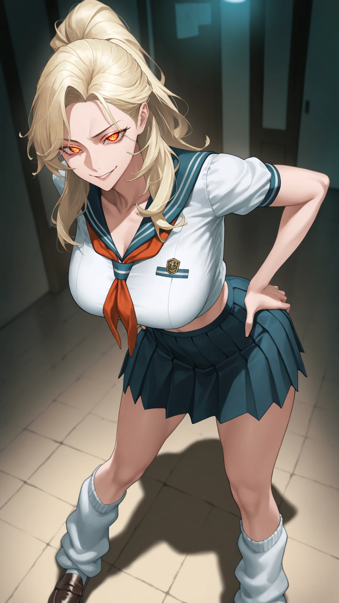 (Mature Woman Standing on a Straw Covered Floor, Legs slightly apart, Place your hands on her .) standing with her legs slightly open on a floor covered with straw with dim lighting, cowboy shot, (strong-willed woman. Delinquent ) ((Diagonal eyes)), 非常にbeautiful. ((Very tall, slender, tall woman with stone hair.))) (Perfect Eyes, student.) Blonde, beautifulストレート, long hair, High Ponytail ((Divided in the Middle)) (()), ((Diagonal, upturned eye)) ((Slim, beautiful体)) ((((beautiful, thin waist, School Uniforms. Super short, Short Sleeve Sailor Suit. (small breasted, sailor suit feels small, stomach, In a wink ). extreme, Extremely short length. Mini Pleated Skirt. (white loose socks. loafers).
. ultra high definition, Highest Quality, Ultra High Definition, 8k, masterpiece ((())) (((has a bright red face, Has a Smile))))) ((Slim))
(cowboy shot). Face-to-face view. (Biologically Correct Body)