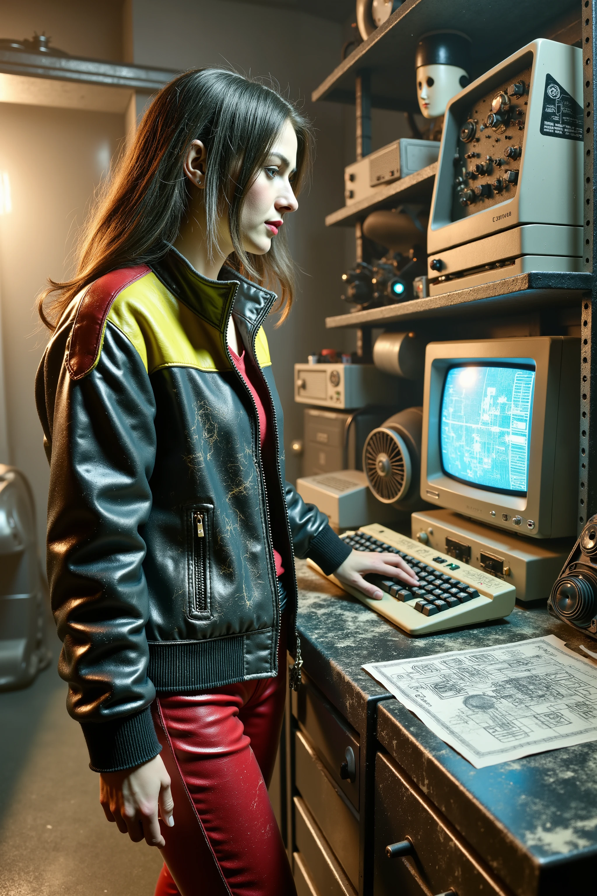In a darkened garage late at night, a 35 year old female wearing a black 1970swornbluwhtcfrcrjkt with red chest and shoulders, the jacket has a yellow stripe across the middle, the woman’s jacket is extensively worn with wrinkles and dust spots, the woman wears red leather pants with dust on them, the woman wears a dusty gold belt, the woman is at a cyberpunk laboratory bench with a CRT computer monitor and a keyboard along with electronic scientific instruments, a complex electronic invention schematic lays on the bench, the lighting in the garage is soft and yellow