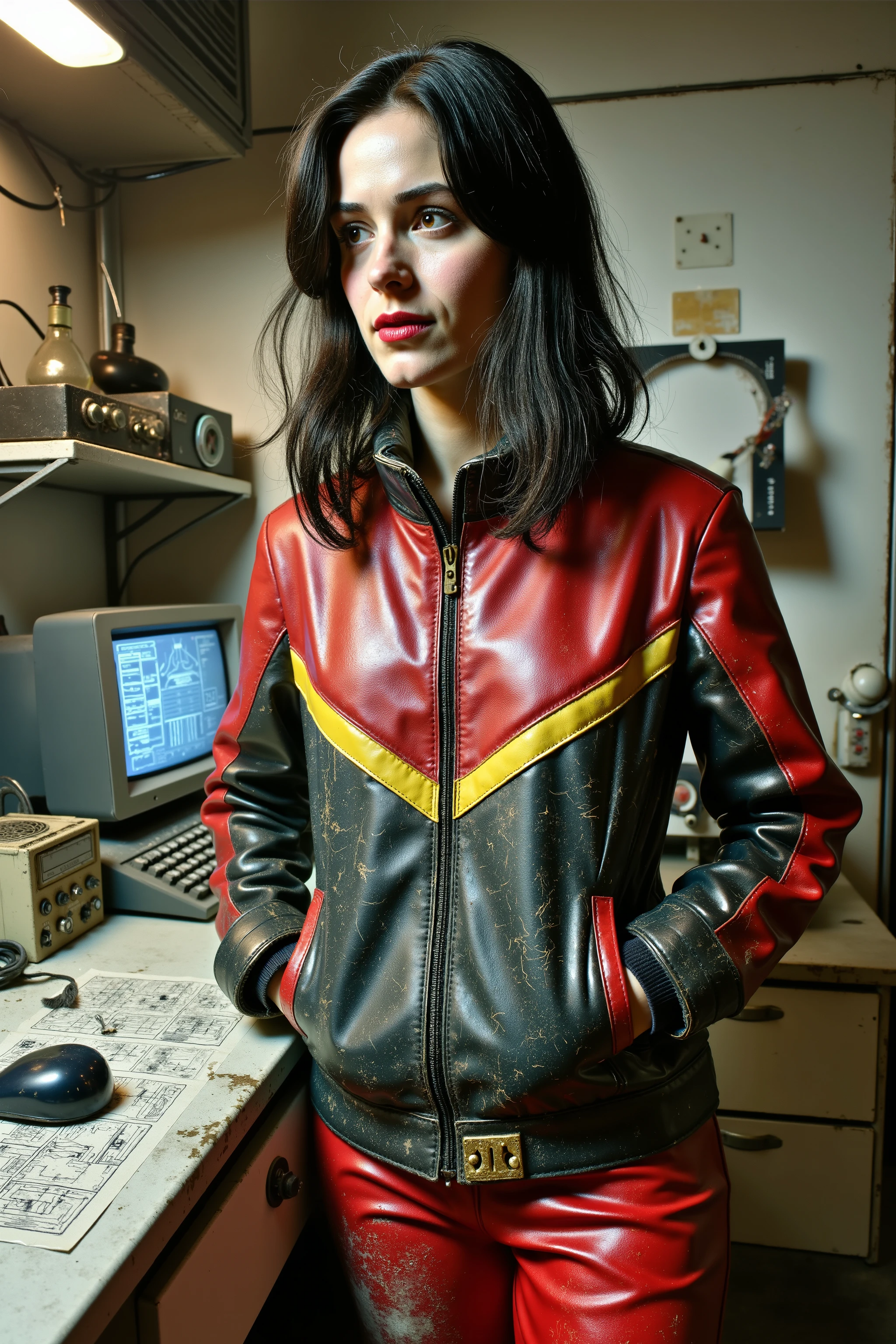 In a darkened garage late at night, a 35 year old female wearing a black 1970swornbluwhtcfrcrjkt with red chest and shoulders, the jacket has a yellow stripe across the middle, the woman’s jacket is extensively worn with wrinkles and dust spots, the woman wears red leather pants with dust on them, the woman wears a dusty gold belt, the woman is at a cyberpunk laboratory bench with a CRT computer monitor and a keyboard along with electronic scientific instruments, a complex electronic invention schematic lays on the bench, the lighting in the garage is soft and yellow