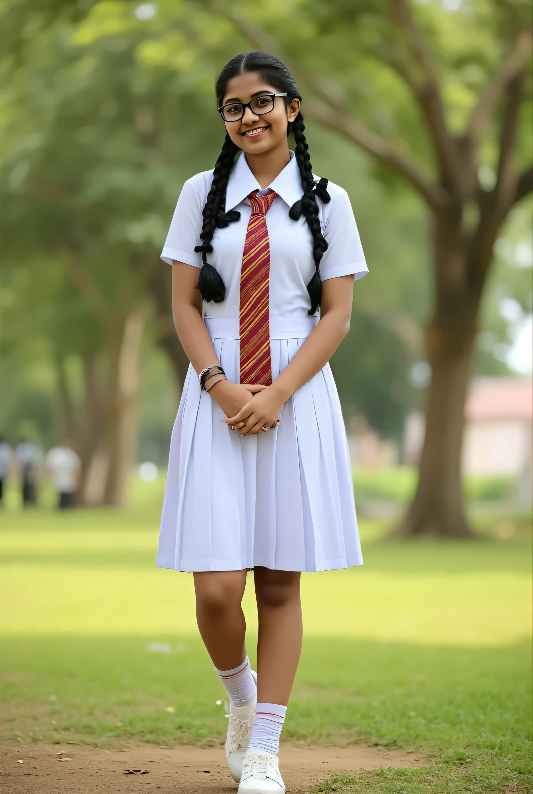 : A happy and cute 21-year-old Sri Lankan schoolgirl is walking through a park on the college campus. Apply a school background to match the picture and create a photo-realistic full image with confidence. She is dressed in a perfectly ironed white blouse, a red and orange striped tie, and a knee-length white school skirt. Her long black hair was styled into two thick pigtails tied with black ribbons that reached her waist. She is wearing glasses, smiling brightly, and on her feet, white shoes with striped socks, giving a casual yet neat look. The soft, warm morning light gently illuminates her face, enhancing her radiant and natural beauty. Adding a timeless and classic feel to the look. With a warm color temperature and natural lighting to maintain a realistic and vibrant atmosphere, Instagram model for real life details, face sensitive smile, glowing face, big breasts, 1 girl, beautiful cute young girl, (((big breast size)), detailed white gown uniform, colored tie, sitting on bed, ((((open legs))), full body, (((sexy thick thighs, clear perfect pussy) ))), wide photo ,cinematic lighting, surreal, photo realistic, 8k, masterpiece, high quality, intricate details, tanned dark colors, sweaty skin, (((((smooth facial features, high skirt)))), ((nsfw:1.5)), ((dynamic sexy pose)) velvaura, photorealis tic, Sri lanka real girl Look face shape Nayanathara Wickramaarachchi , instagram instagram real, real life, hi_resolution,