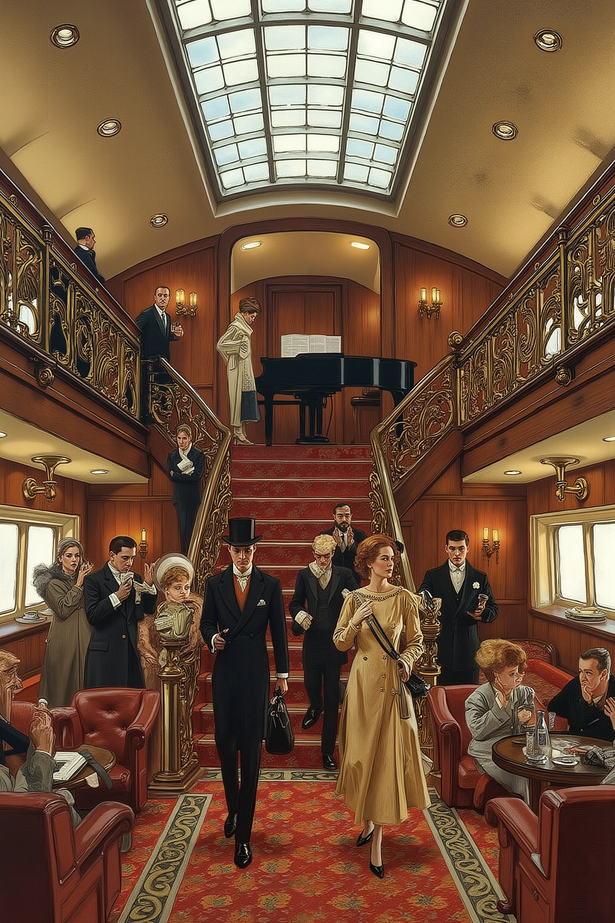 1940 aircraft interior passenger cabin a grand piano and lounge bar at the mid section of a three deck aircraft with a glass skylight