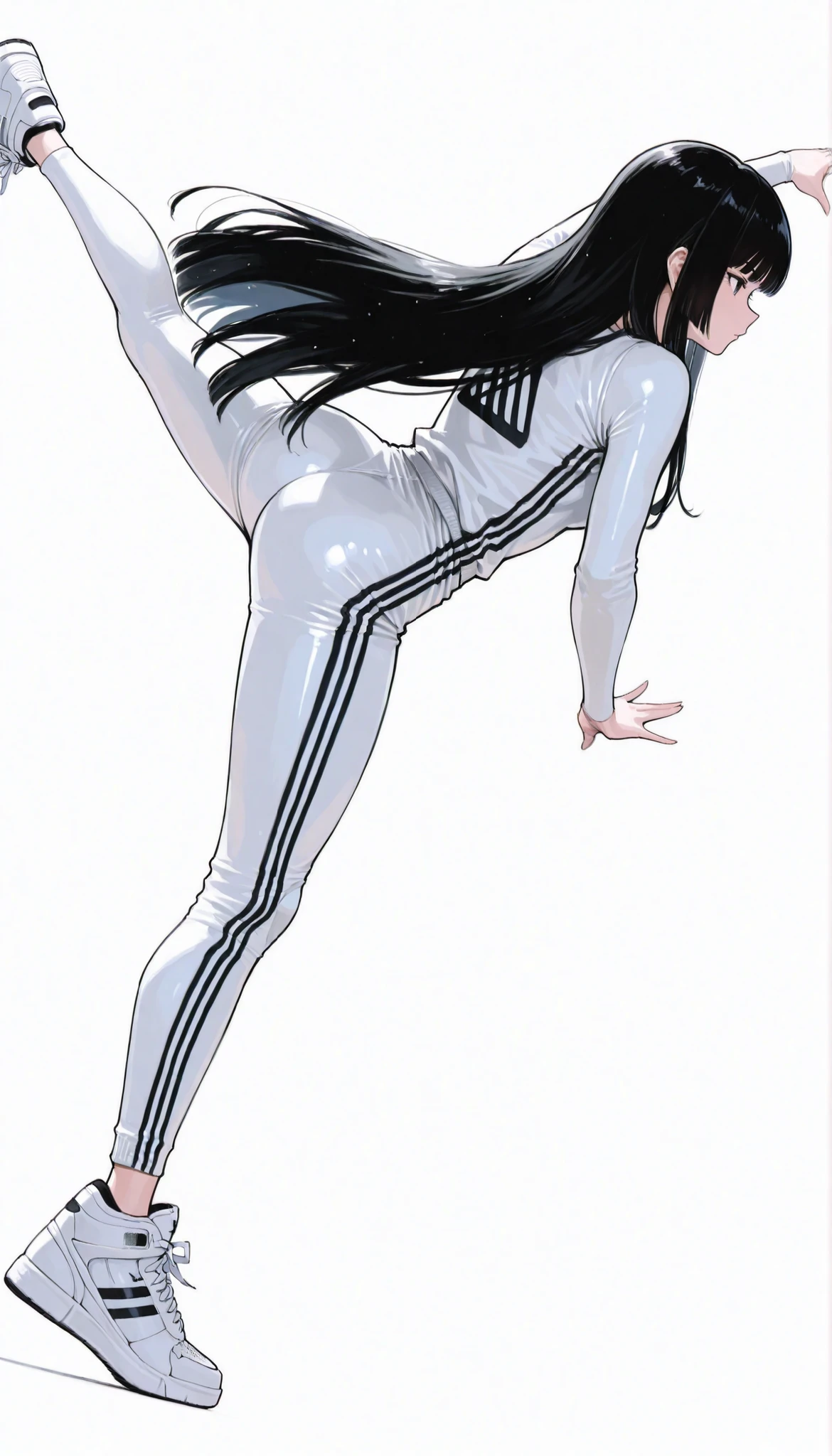 Japanese high school girl in a futuristic bodysuit android、long black hair,straight long hair、princess cut, adidas tech sneakers , Pose, Dynamic Angle,kickboxing, ダイナミックなPose、white background,best image quality、4Ｋ、