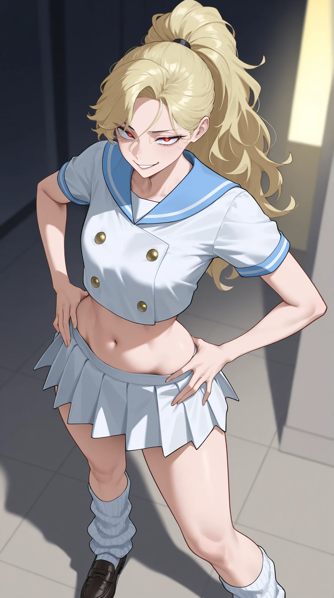 (Mature Woman Standing on a Straw Covered Floor, Legs slightly apart, Place your hands on her .) standing with her legs slightly open on a floor covered with straw with dim lighting, cowboy shot, (strong-willed woman. Delinquent ) ((Diagonal eyes)), 非常にbeautiful. ((Very tall, slender, tall woman with stone hair.))) (Perfect Eyes, student.) Blonde, beautifulストレート, long hair, High Ponytail ((Divided in the Middle)), ((Diagonal, upturned eye)) ((Slim, beautiful体)) (beautiful, thin waist, School Uniforms. Super short, Short Sleeve Sailor Suit. small breasted, sailor suit feels small, stomach, In a wink ). extreme, Extremely short length. Mini Pleated Skirt. (white loose socks. loafers).
. ultra high definition, Highest Quality, Ultra High Definition, 8k, masterpiece(has a bright red face, Has a Smile)
Face-to-face view. (Biologically Correct Body)