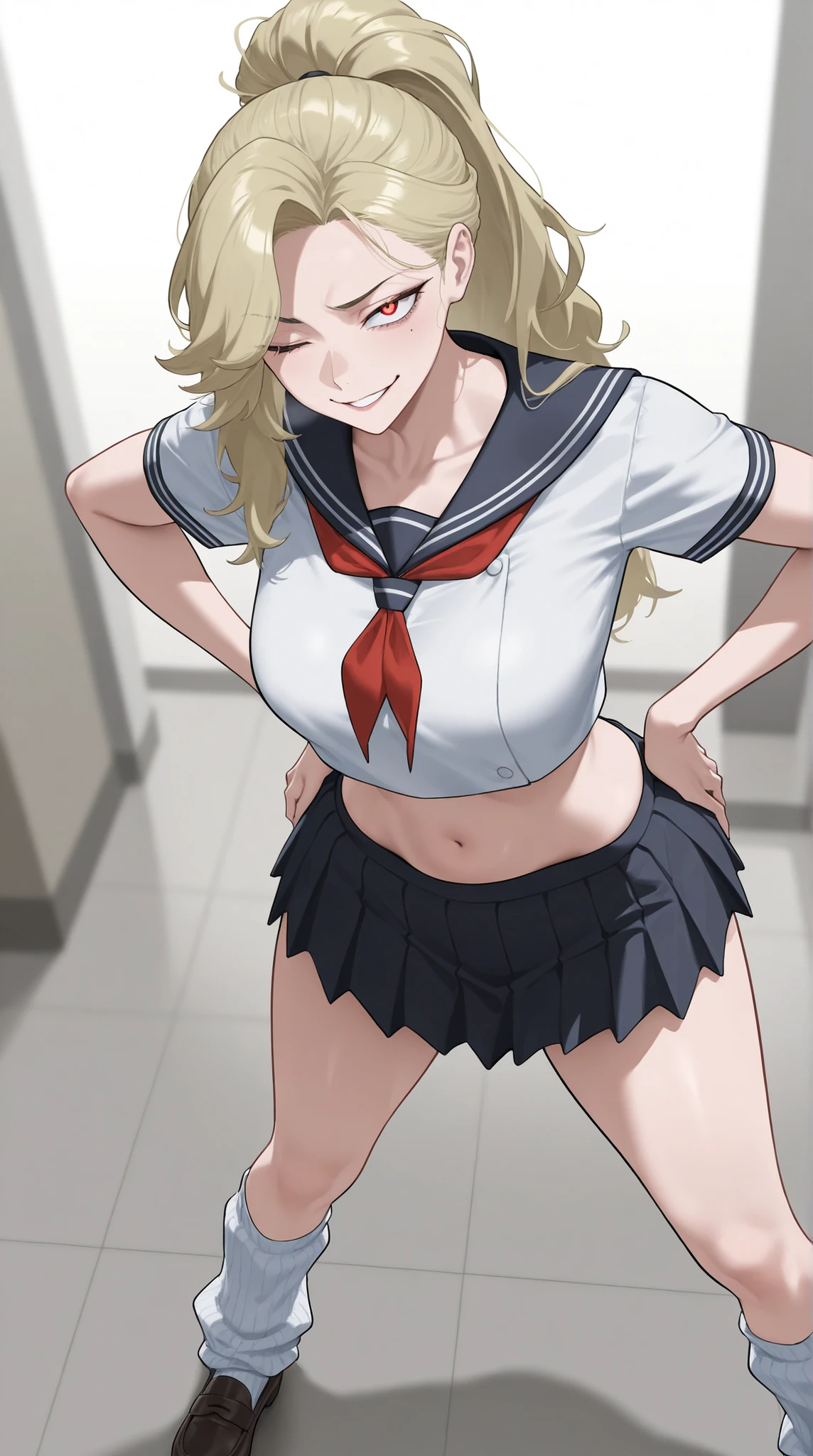 (Mature Woman Standing on a Straw Covered Floor, Legs slightly apart, Place your hands on her .) standing with her legs slightly open on a floor covered with straw with dim lighting, cowboy shot, (strong-willed woman. Delinquent ) ((Diagonal eyes)), 非常にbeautiful. ((Very tall, slender, tall woman with stone hair.))) (Perfect Eyes, student.) Blonde, beautifulストレート, long hair, High Ponytail ((Divided in the Middle)), ((Diagonal, upturned eye)) ((Slim, beautiful体)) (beautiful, thin waist, School Uniforms. Super short, Short Sleeve Sailor Suit. small breasted, sailor suit feels small, stomach, In a wink ). extreme, Extremely short length. Mini Pleated Skirt. (white loose socks. loafers).
. ultra high definition, Highest Quality, Ultra High Definition, 8k, masterpiece(has a bright red face, Has a Smile)
Face-to-face view. (Biologically Correct Body)