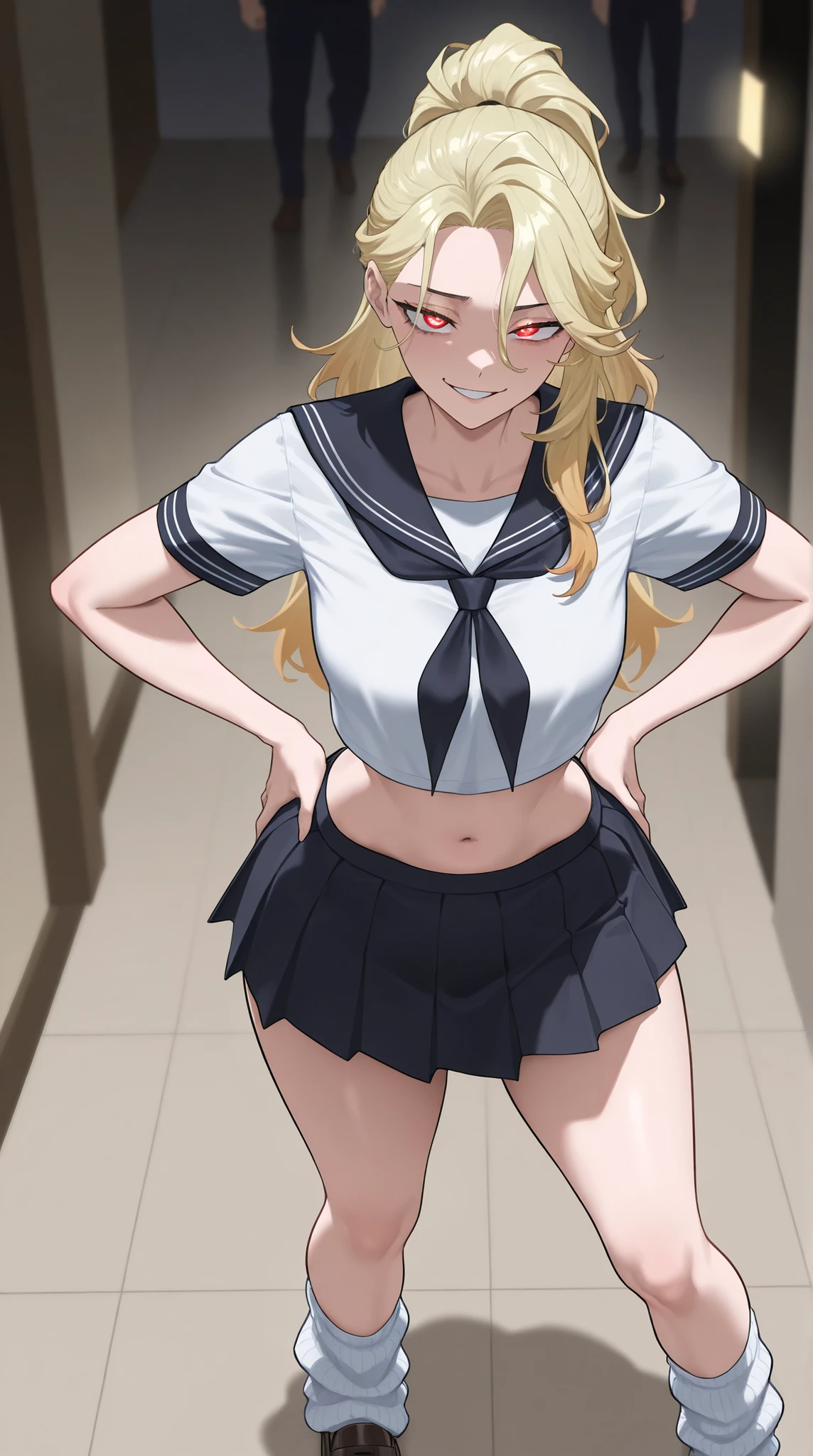 (Mature Woman Standing on a Straw Covered Floor, Legs slightly apart, Place your hands on her .) standing with her legs slightly open on a floor covered with straw with dim lighting, cowboy shot, (strong-willed woman. Delinquent ) ((Diagonal eyes)), 非常にbeautiful. ((Very tall, slender, tall woman with stone hair.))) (Perfect Eyes, student.) Blonde, beautifulストレート, long hair, High Ponytail ((Divided in the Middle)), ((Diagonal, upturned eye)) ((Slim, beautiful体)) (beautiful, thin waist, School Uniforms. Super short, Short Sleeve Sailor Suit. small breasted, sailor suit feels small, stomach, In a wink ). extreme, Extremely short length. Mini Pleated Skirt. (white loose socks. loafers).
. ultra high definition, Highest Quality, Ultra High Definition, 8k, masterpiece(has a bright red face, Has a Smile)
Face-to-face view. (Biologically Correct Body)