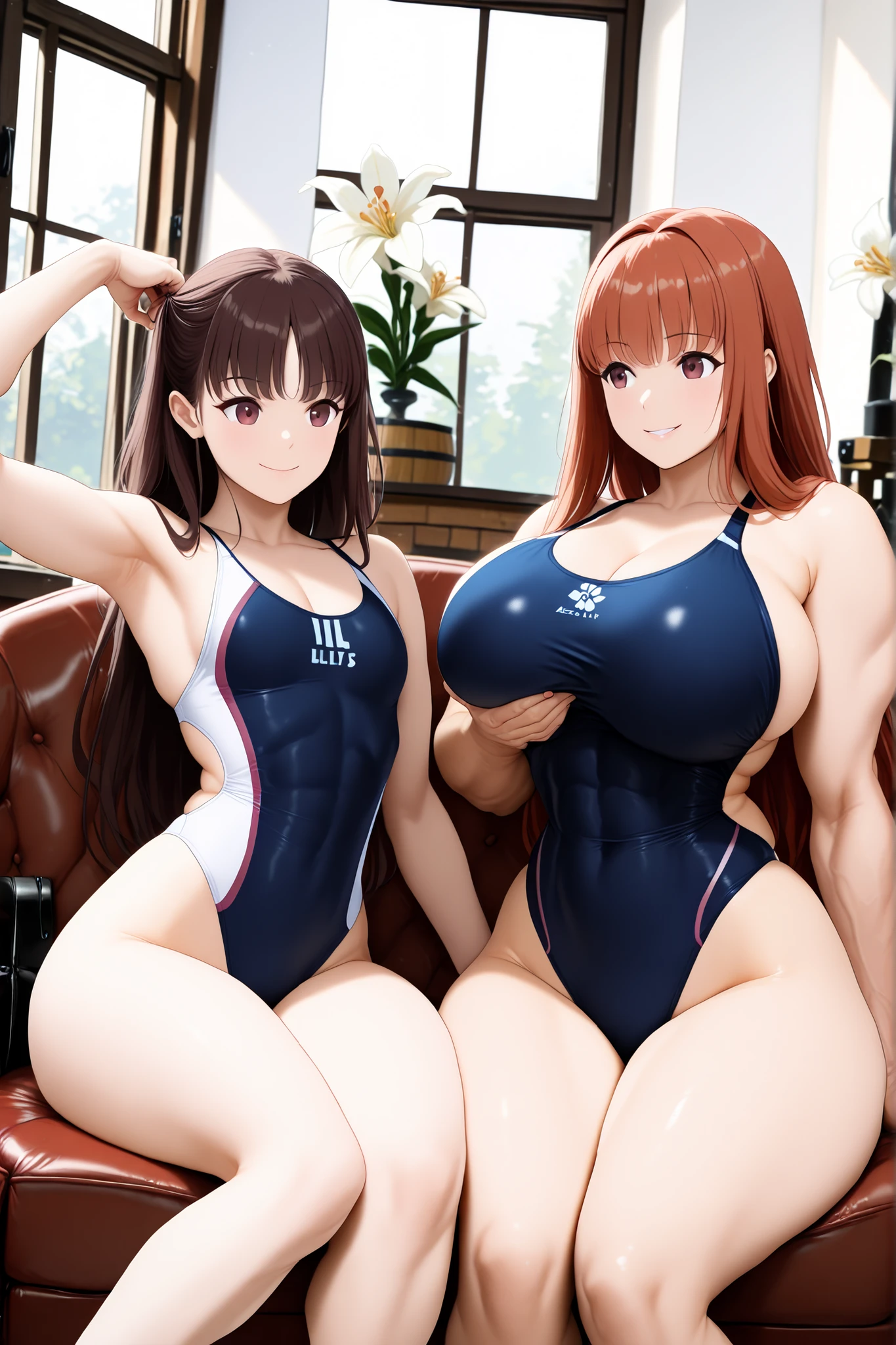 score_9, score_8_up , score_7_up , just describe what you want, tag1, tag2,official art, official style,anime capture, anime coloring, anime screenshot, game cg,illustration,(type-moon style:1.3),(Azur Lane style:1.5),(masterpiece:1.5),(most detailed:1.5), (high resolution:1.5), (best quality:1.5),(perfect anatomy:1.5), (4K:1.3),(2 girls:1.3),(Lily is sitting and open legs on the right:1.9), (Lala is standing on the left:1.5),(Lara and Lily look at each other, grab each other's breasts: 1.5),(mizuno competition swimsuit:1.5), (both have brown hair:1.7), brown eyes,(beautiful girl:1.3),(Lala is a flat chest:1.5, flat chest, flat chest,barrel-shaped body:1.3,big body:1.3, cylindrical body type:1.5,flat chest, flat chest, muscular,muscular,   brawny, beefy, toned body,    abs ,  Wide shoulders, wide chest, wide arms, wide torso,  wide legs  ,competitive swimsuit : 1.5),
(Lily is a huge breasts:1.5 ,huge breasts,boob,mizuno competitive swimsuit,cleavage   ,boob:1.3,glamorous ,voluptuous  ,beautiful breasts  ,     curvy,with natural bangs: 1.5)  ,(Lala is a flat chest:1.5, flat chest, flat chest,barrel-shaped body:1.3,big body:1.3, cylindrical body type:1.5,flat chest, flat chest, muscular,muscular,   brawny, beefy, toned body,    abs ,  Wide shoulders, wide chest, wide arms, wide torso,  wide legs  ,competitive swimsuit : 1.5), ,(　living room,sofa,chair,window,sunshine  :1.5　　　),smile:1.3,(no background:1.5),