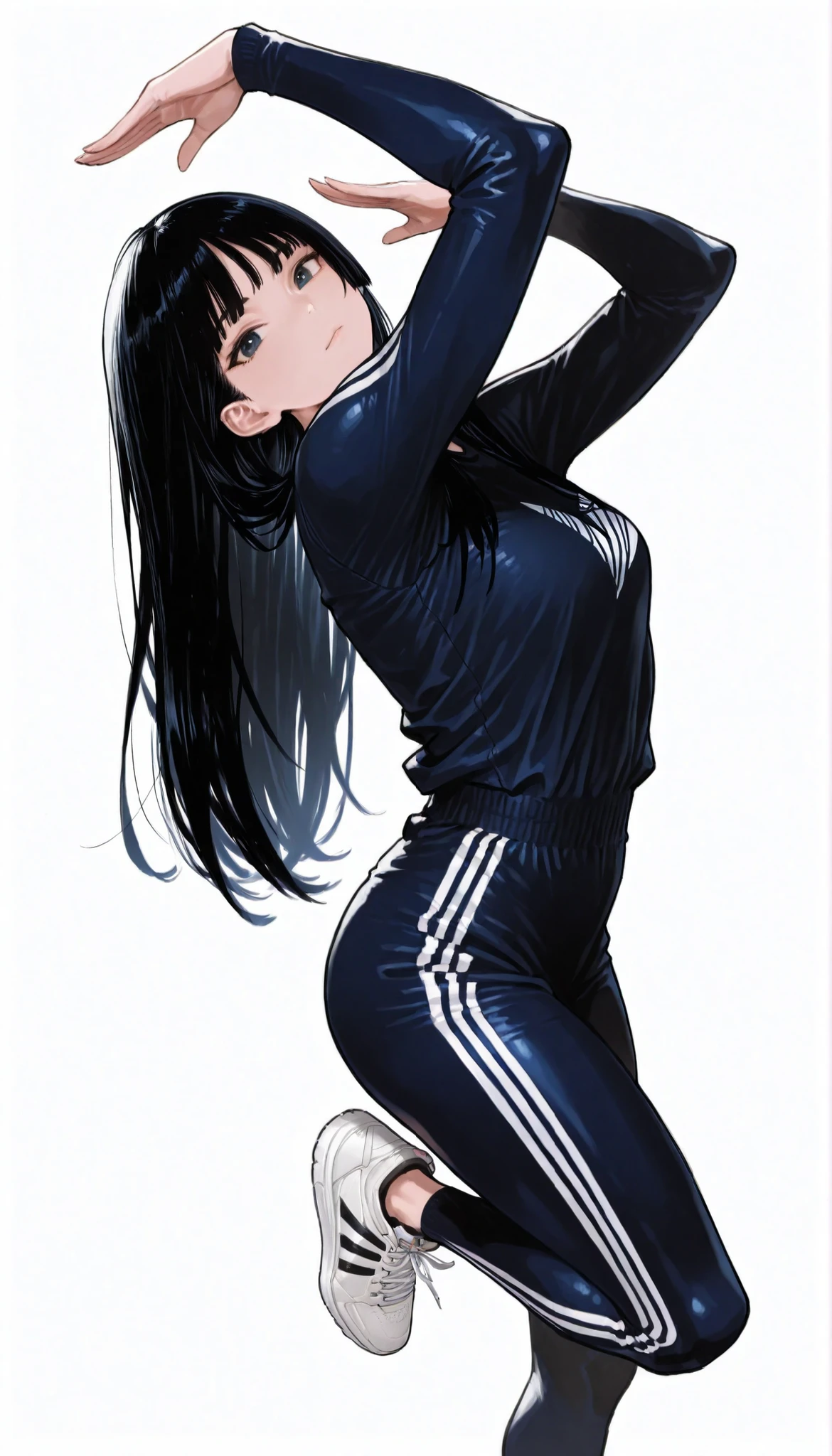 Japanese high school girl in a futuristic dark blue bodysuit android、long black hair,straight long hair、princess cut, adidas tech sneakers , Pose, Dynamic Angle、Capoeira、ダイナミックなPose、white background,best image quality、4Ｋ、Precise Depiction、