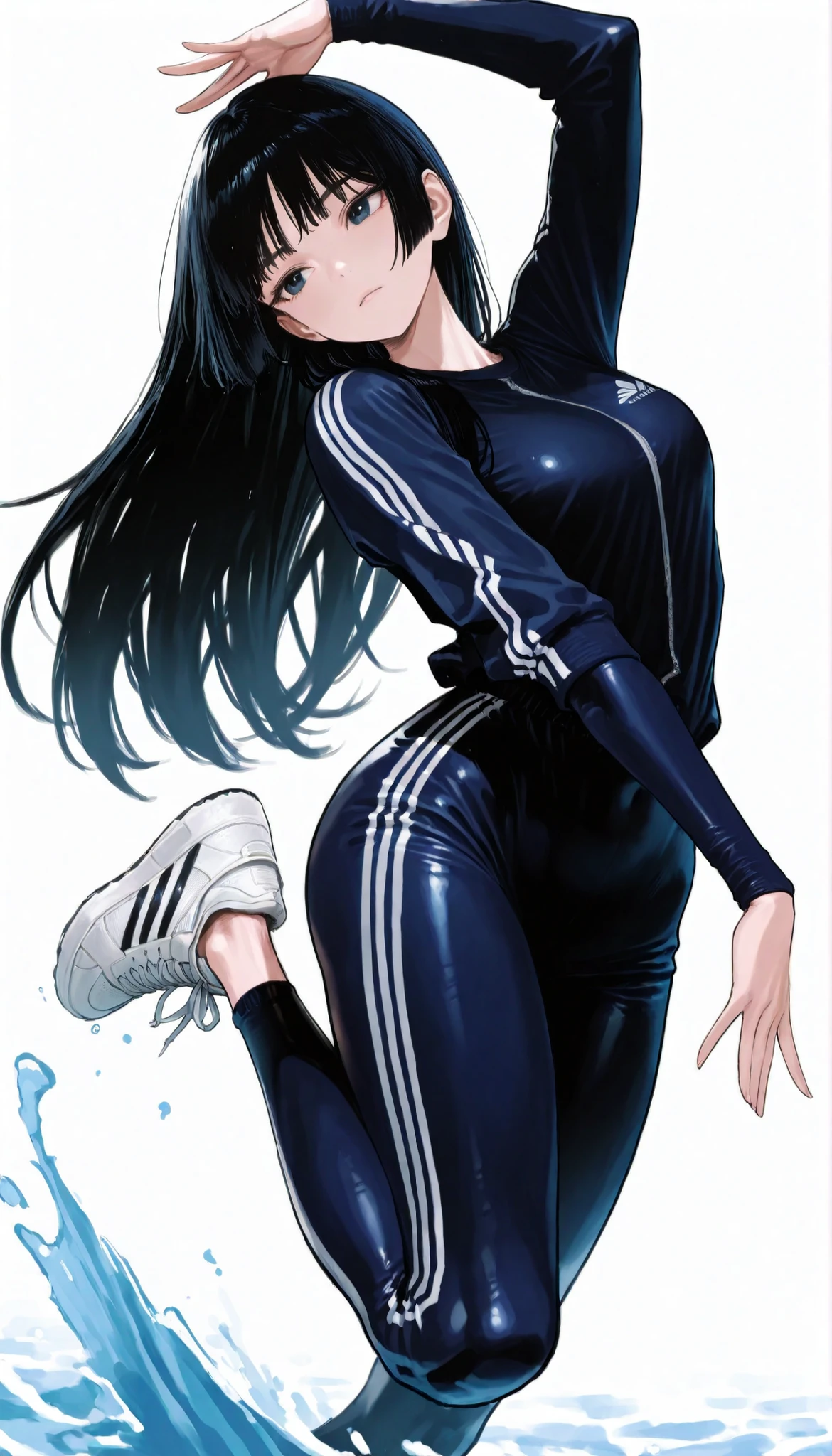 Japanese high school girl in a futuristic dark blue bodysuit android、long black hair,straight long hair、princess cut, adidas tech sneakers , Pose, Dynamic Angle、jump action from the surface of the water、ダイナミックなPose、white background,best image quality、4K、Precise Depiction、