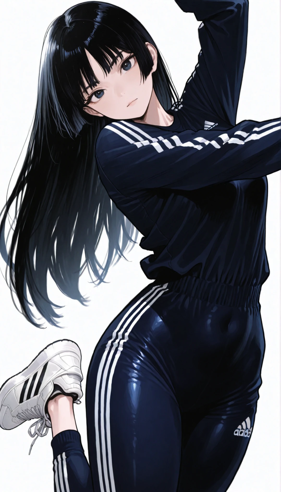 Japanese high school girl in a futuristic dark blue bodysuit android、long black hair,straight long hair、princess cut, adidas tech sneakers , Pose, Dynamic Angle、Athletics、ダイナミックなPose、white background,best image quality、4K、Precise Depiction、