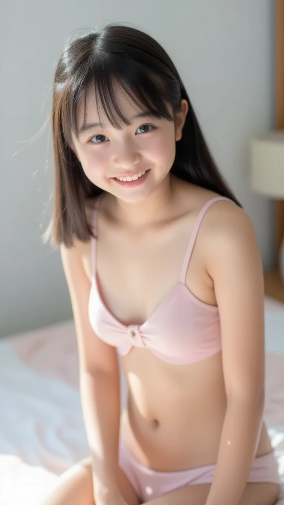Japanese,Beautiful 6 years old,Baby Face、Upper body image、Ultra-flat ?????:1.85、Ultra short height、An innocent smile、Flat ?????のクローズアップ、Flat ?????:1.85、cute,Primary school students,clavicle、Primary school studentsの私服、Summer clothes、So small and so young、On the bed:1.85、She has her arms open wide waiting for a hug:1.85、Big frilly ribbon:1.85、???????