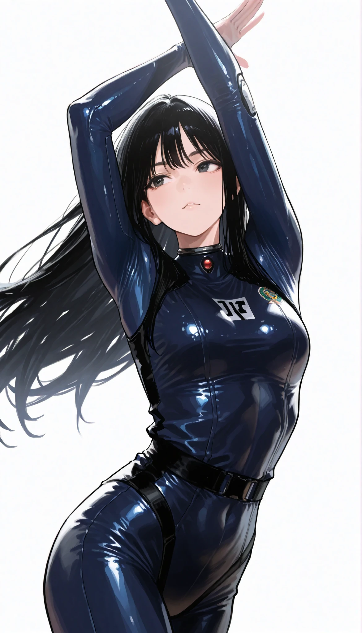 Japanese high school girl in a futuristic dark blue bodysuit android、long black hair,straight long hair,Iaigiri, Pose, Dynamic Angle、Mexican pro wrestling aerial action、ダイナミックなPose、white background,best image quality、4K、Precise Depiction、